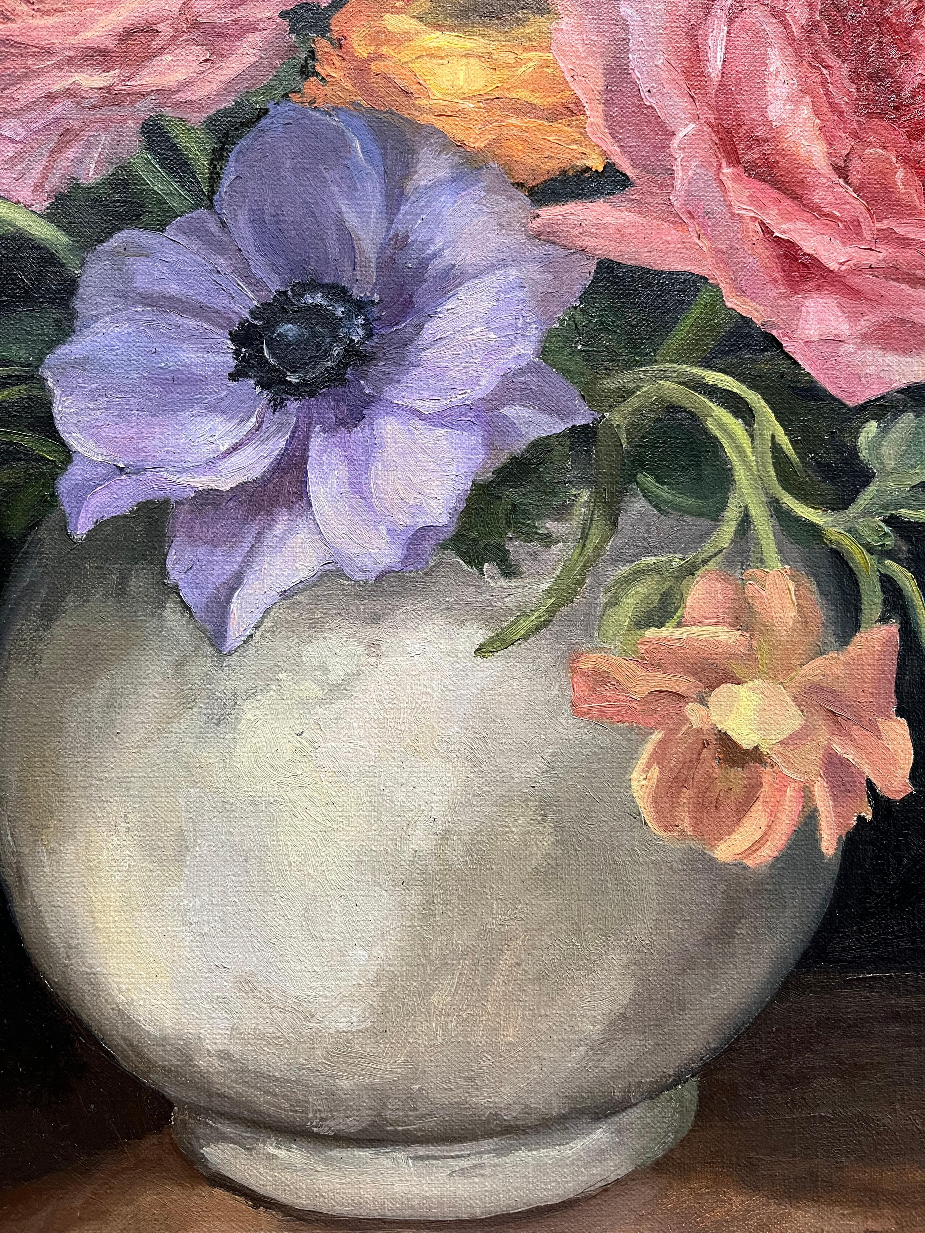 „Delightful gathering“ amerikanisches realistisches Stillleben mit bunten Blumen in Vase im Angebot 8