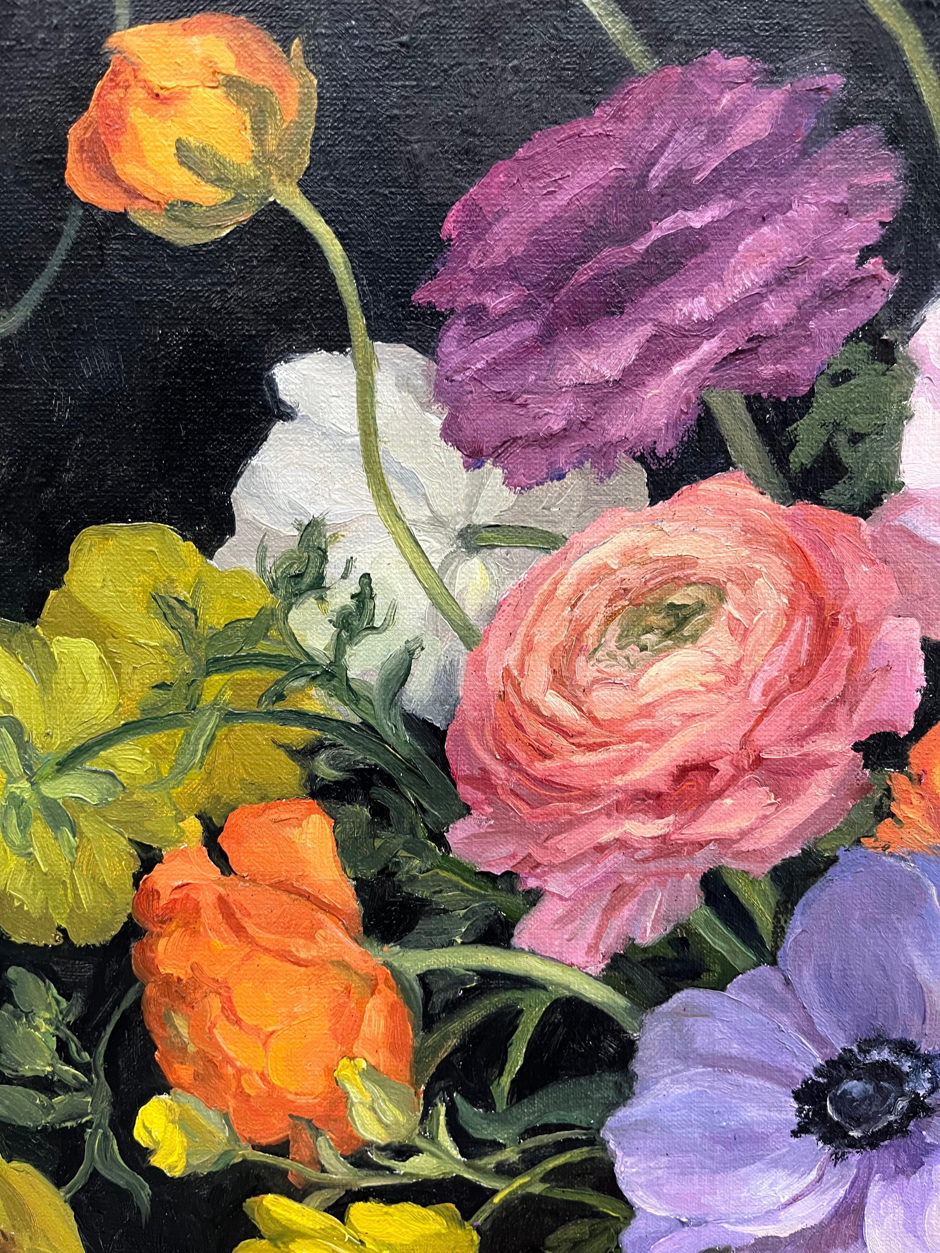 „Delightful gathering“ amerikanisches realistisches Stillleben mit bunten Blumen in Vase im Angebot 9