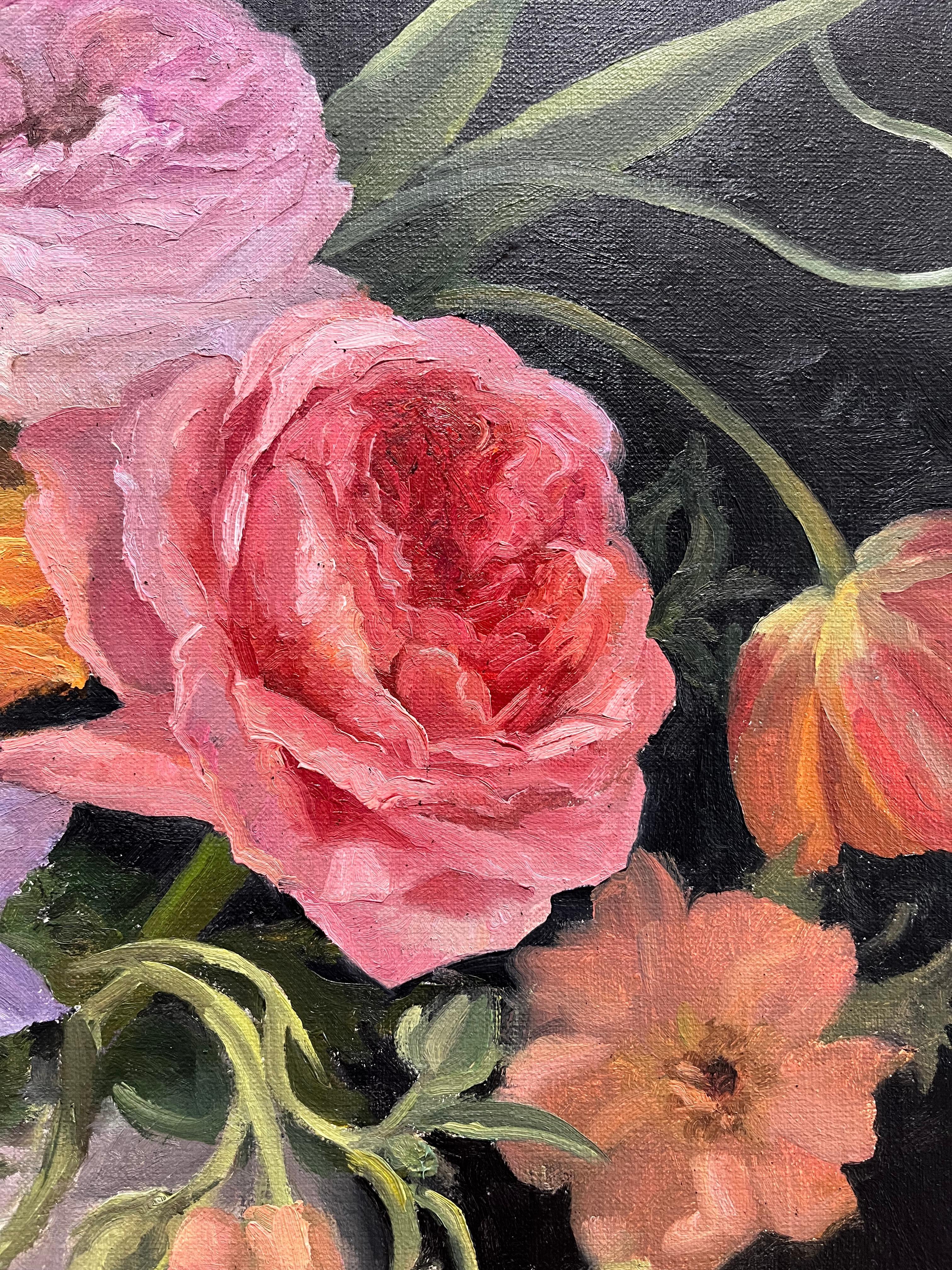„Delightful gathering“ amerikanisches realistisches Stillleben mit bunten Blumen in Vase im Angebot 1