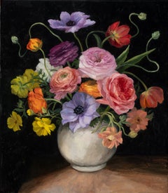 "Delightful gathering" Natura morta realista americana di fiori colorati in vaso