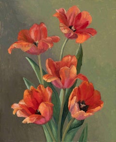 "Tulipani regalati" natura morta realista americana, toni verdi e rossi