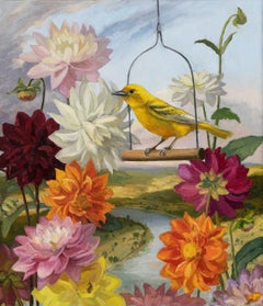 "Heaven on Earth" Yellow bird amongst Dahlias and vast lanscape