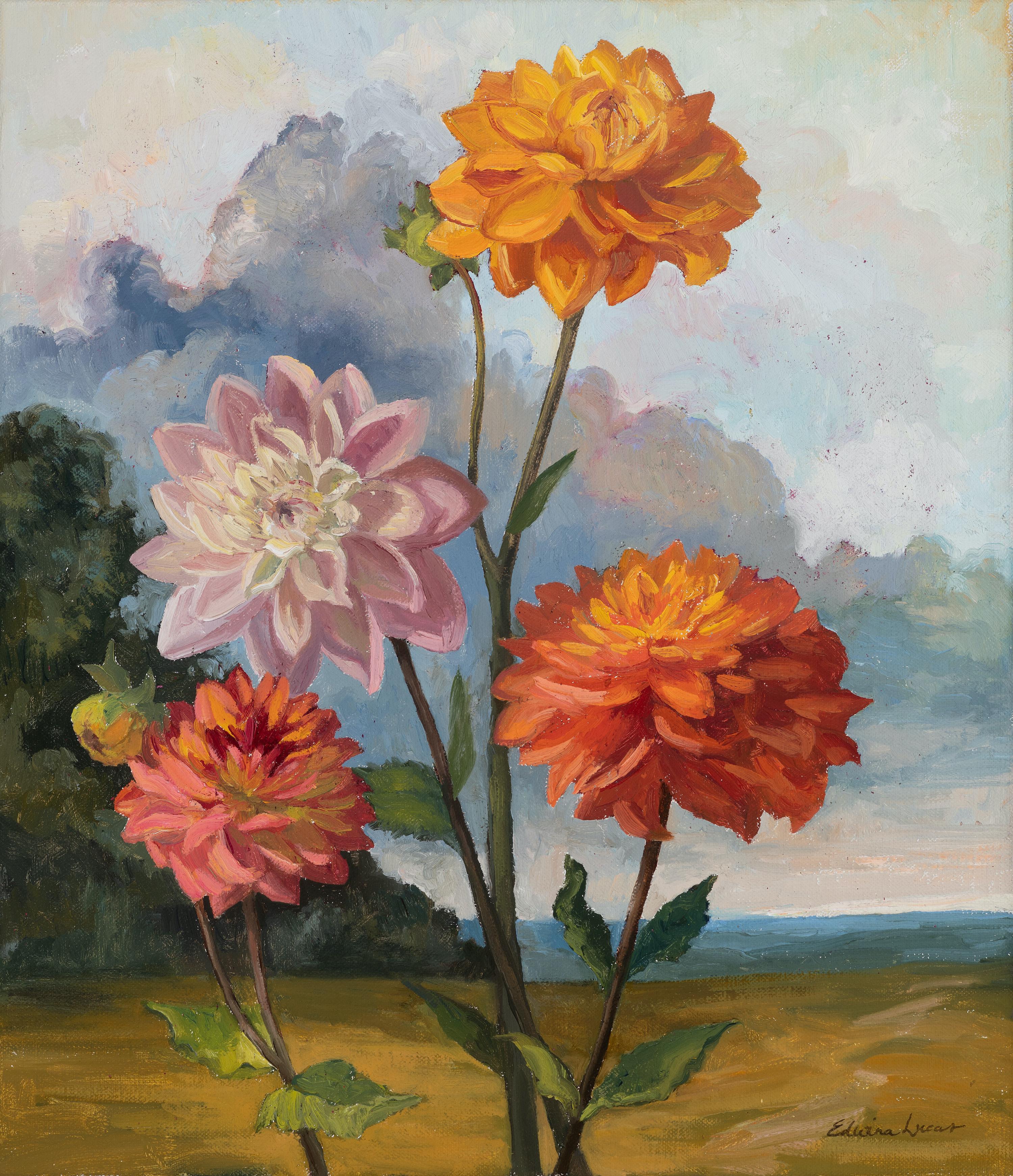 "Hopeful Dahlias"  Contemporary oil painting, bold flowers in front of landscape