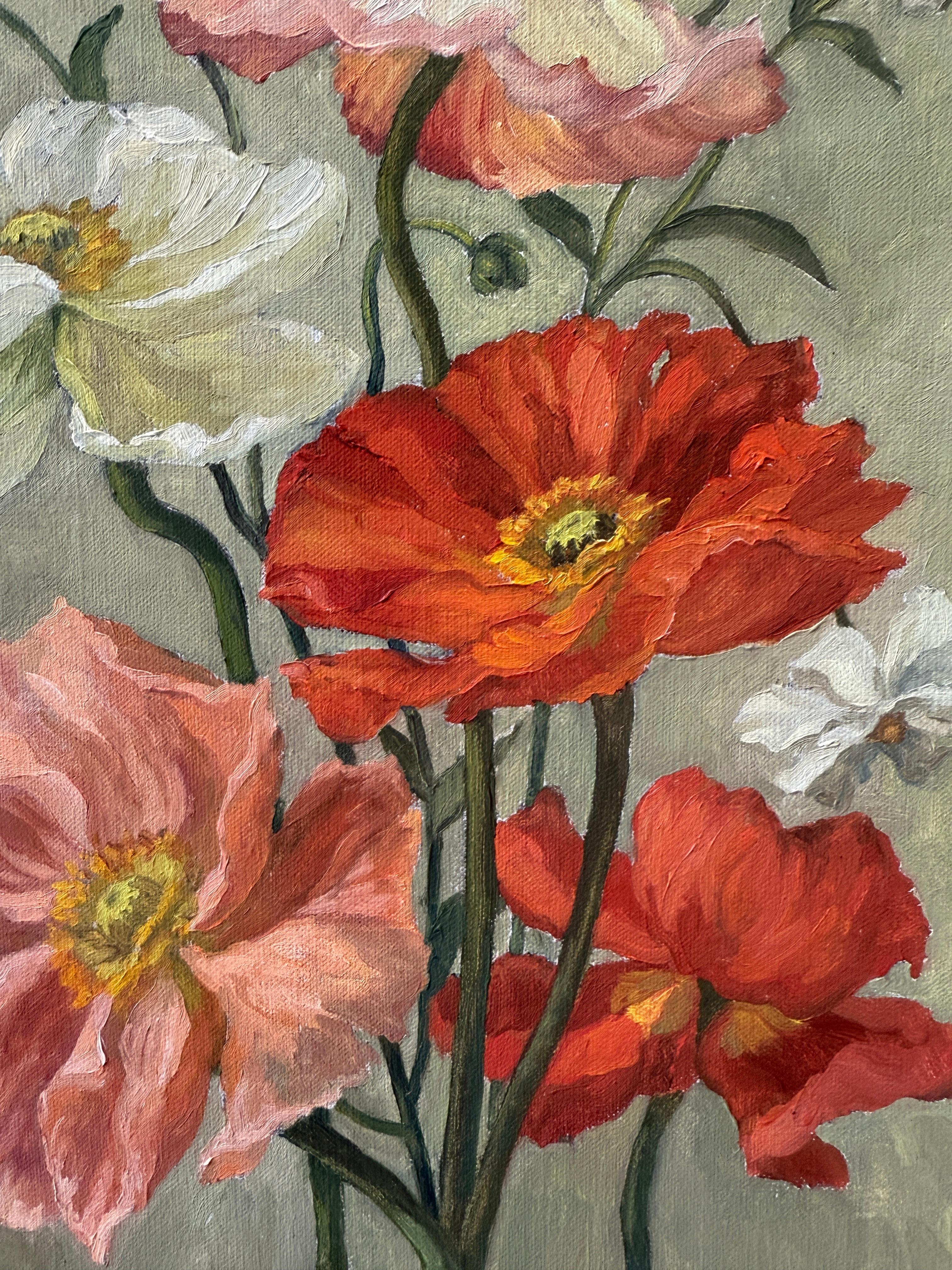 „ Mohnblumen-Promenade“ Amerikas realistisches Stillleben mit leuchtenden und farbenfrohen Blumen im Angebot 5