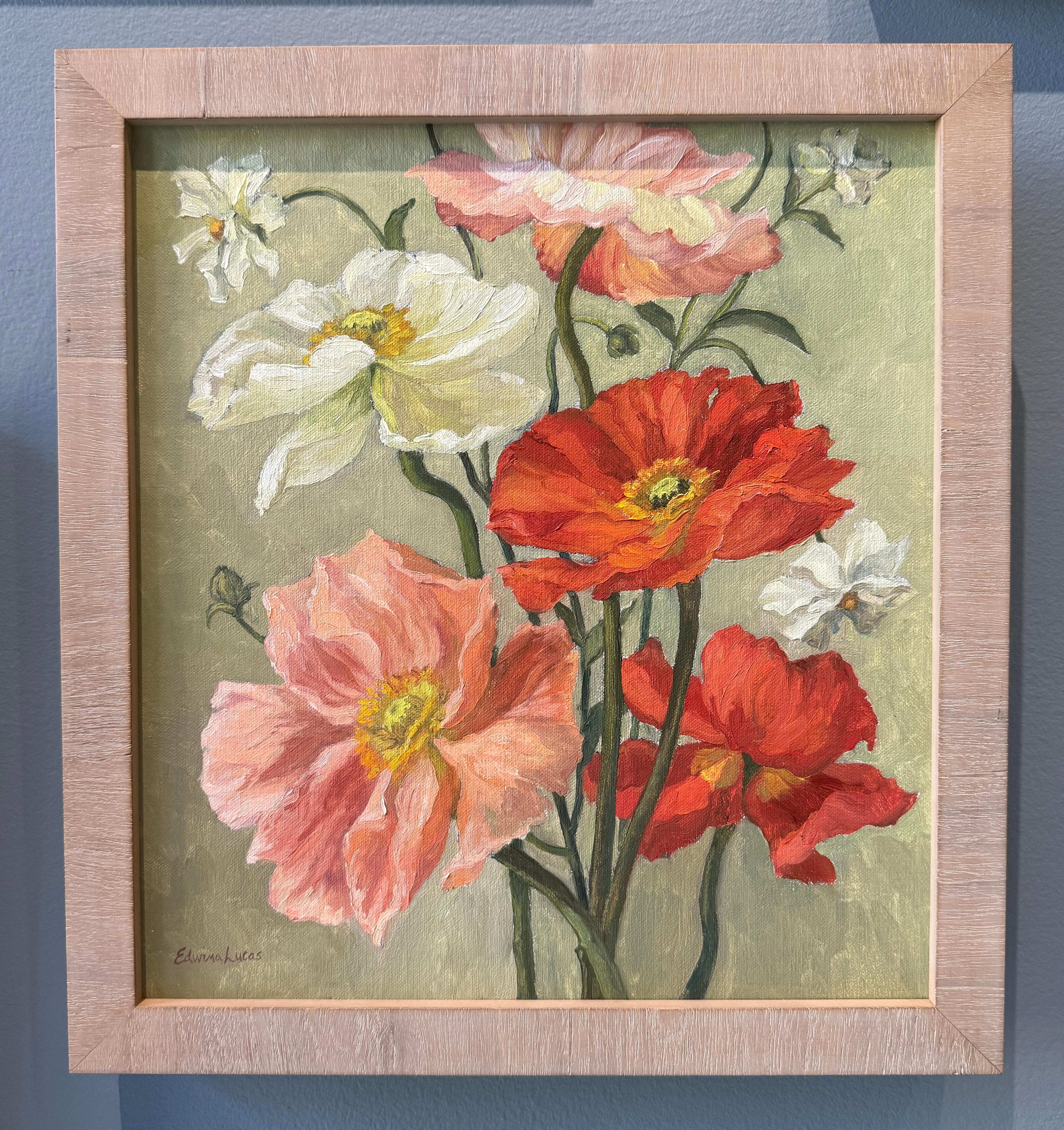 „ Mohnblumen-Promenade“ Amerikas realistisches Stillleben mit leuchtenden und farbenfrohen Blumen – Painting von Edwina Lucas