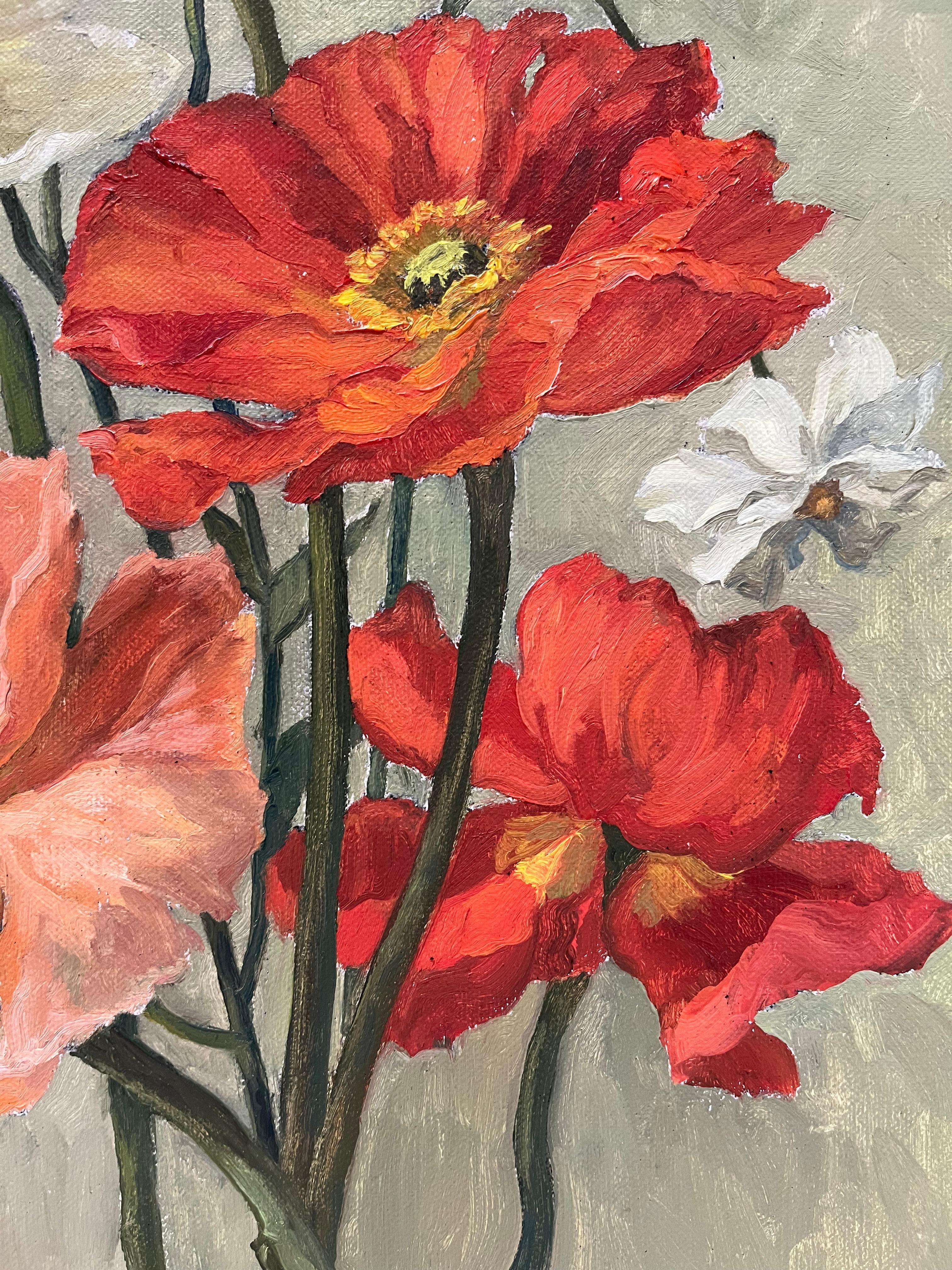 „ Mohnblumen-Promenade“ Amerikas realistisches Stillleben mit leuchtenden und farbenfrohen Blumen im Angebot 1