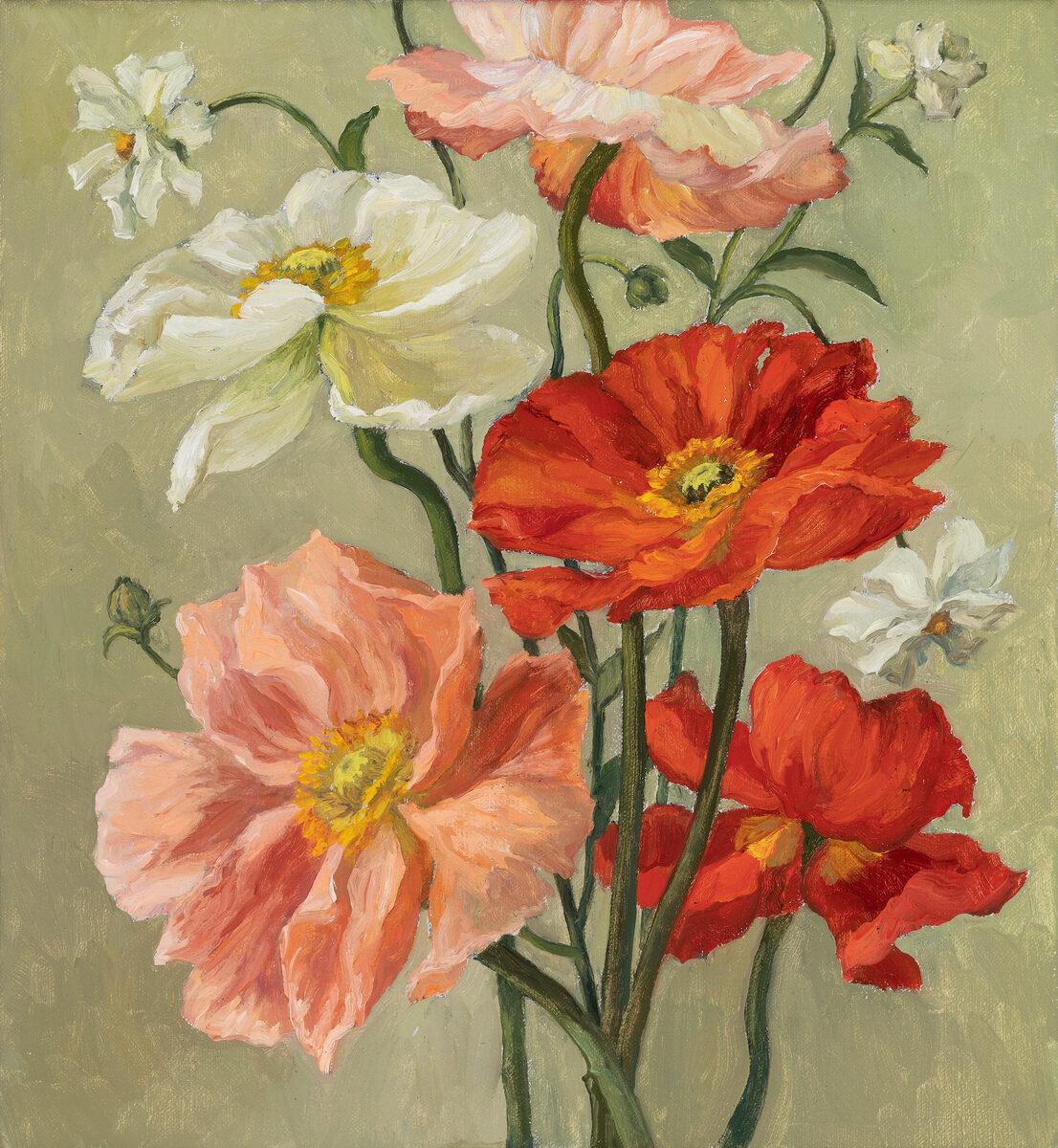 "Poppy Promenade" America realist still life of bright and colorful florals
