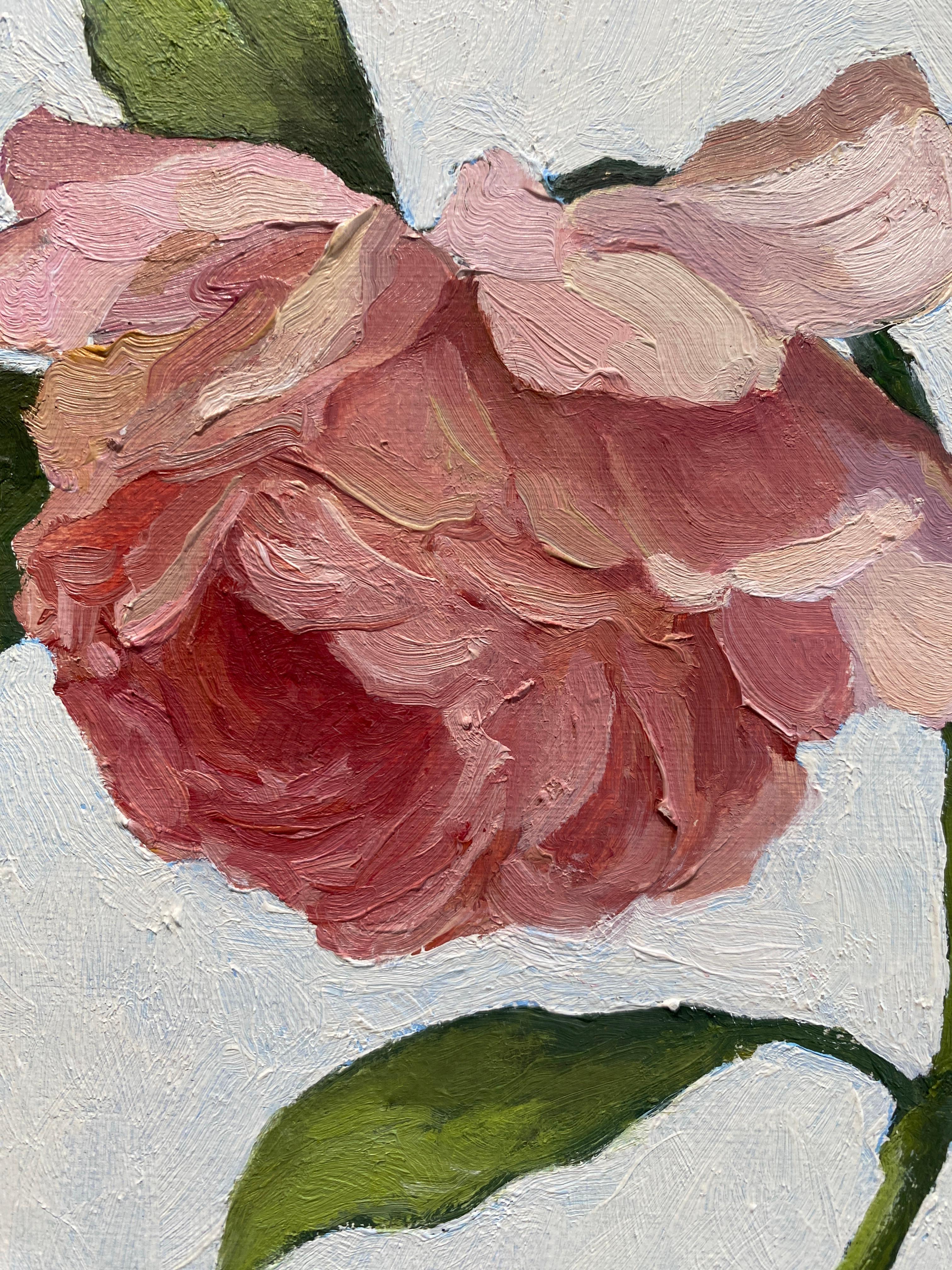 Kleines realistisches Ölgemälde „Take a Bow“ aus rosa Rosen in einfachem schwebendem Rahmen (Amerikanischer Realismus), Painting, von Edwina Lucas