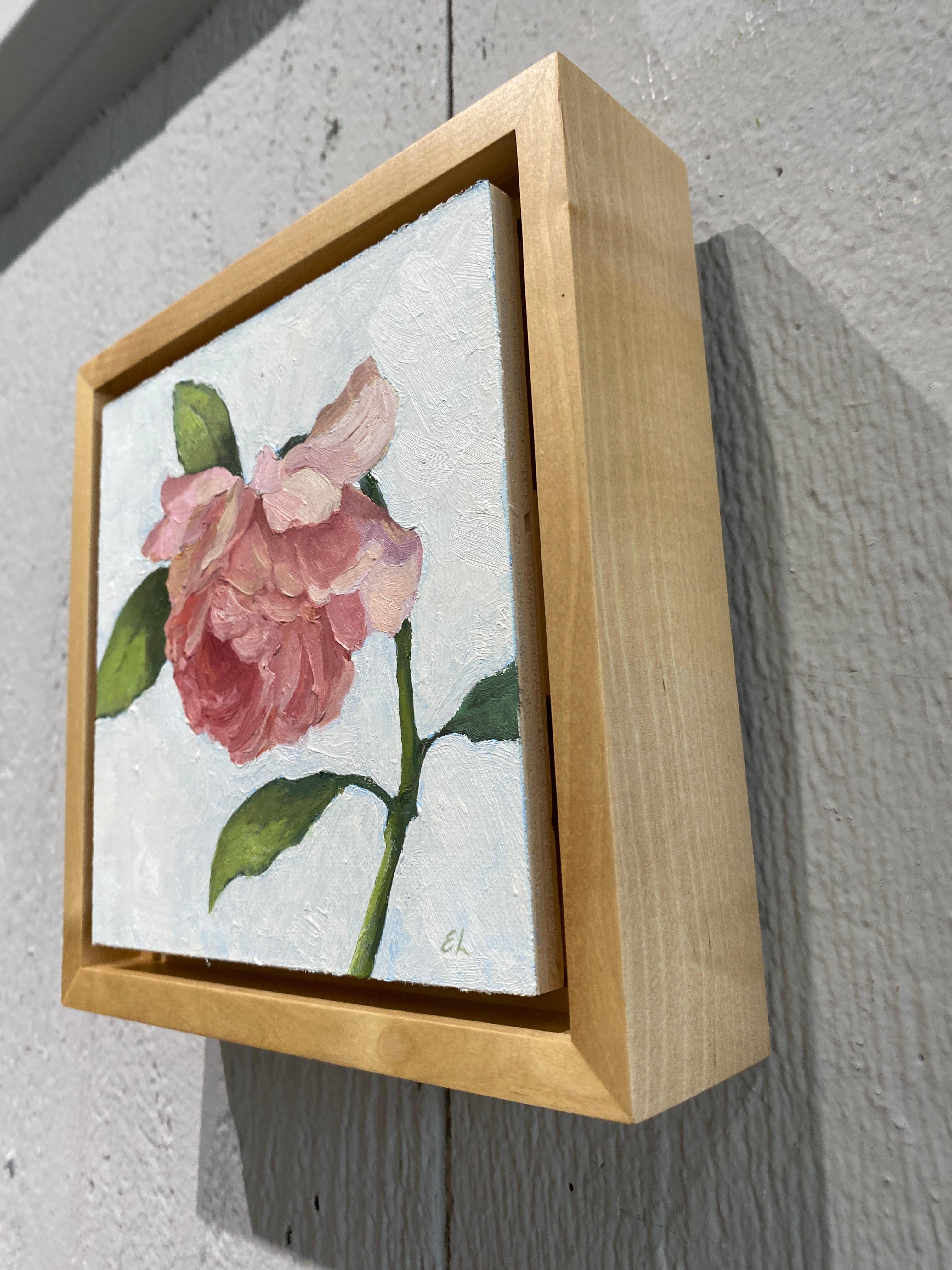 Kleines realistisches Ölgemälde „Take a Bow“ aus rosa Rosen in einfachem schwebendem Rahmen im Angebot 1