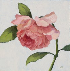 "Take a Bow" small realist oil painting of pink rose in simple floating frame