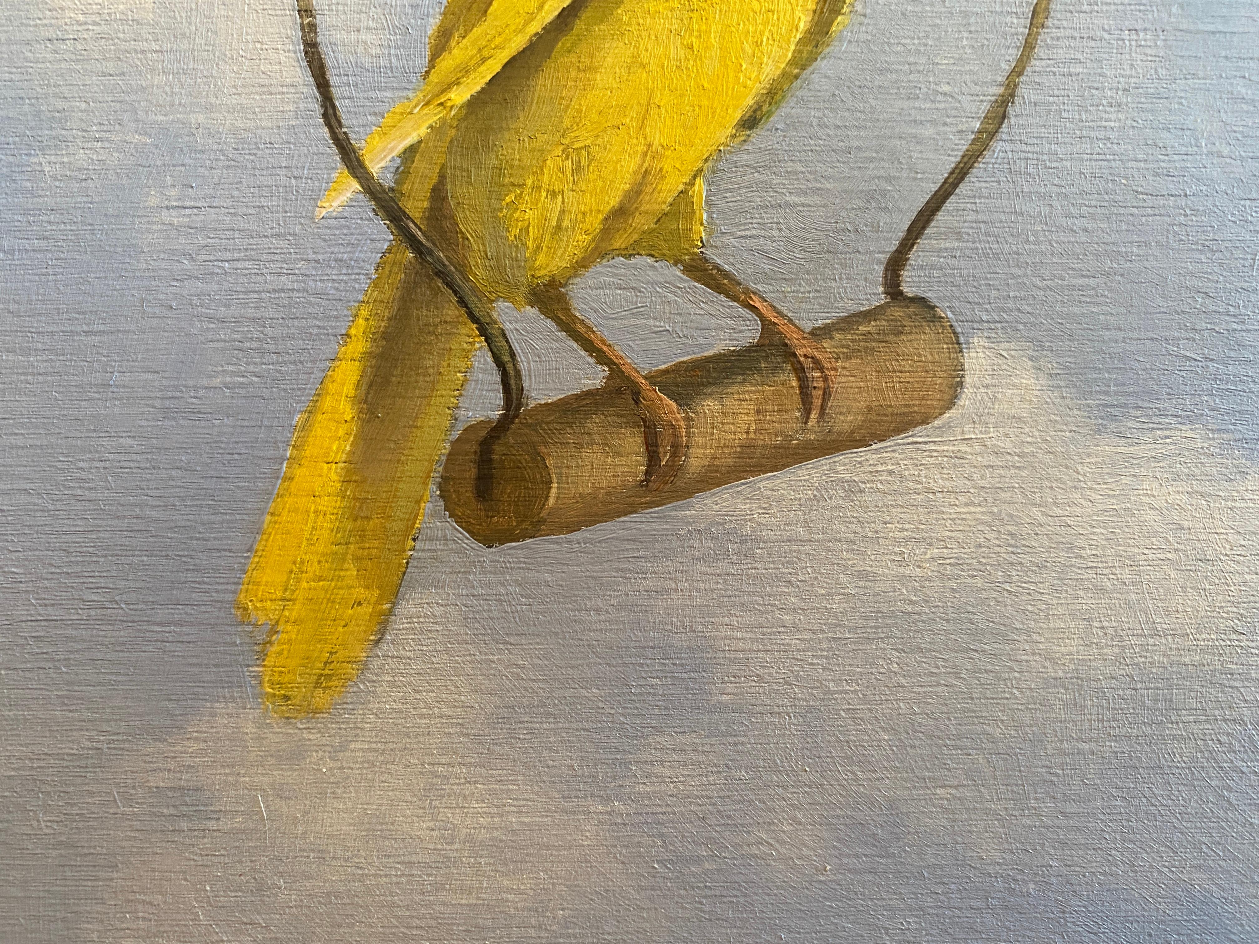 Painted in the artist's studio in Sag Harbor, a yellow bird perched within a wire arc, on a clouded blue sky. This small oil painting is executed on wood, 7 inches tall, by 5 inches wide and one inch deep. Currently unframed, raw wood edges. See