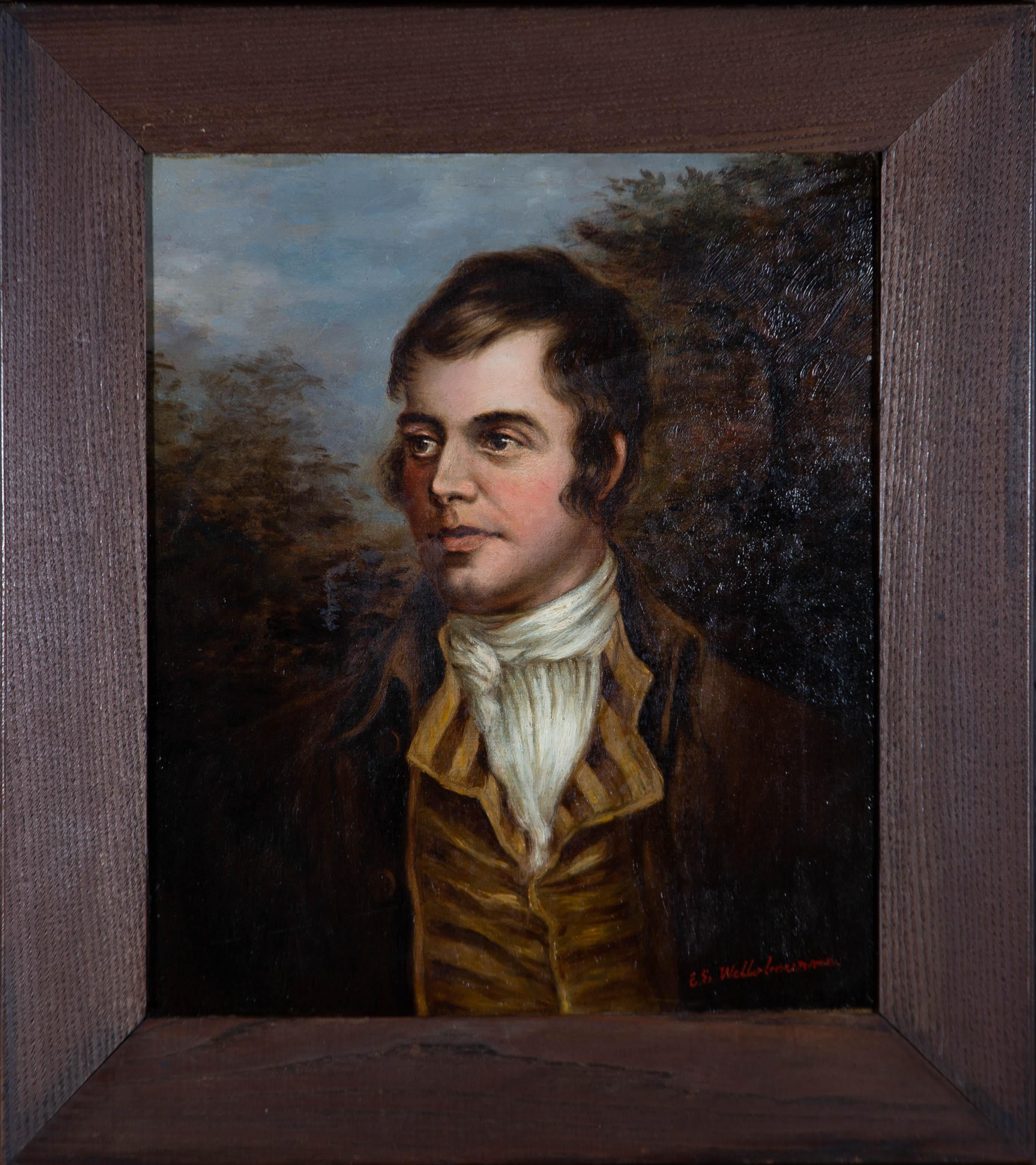 A striking portrait of the young poet Robert Burns in early 19th century dress, after the original by Alexander Nasmyth. His fine cornflower yellow waistcoat is buttoned to reveal a neatly tied cravat. The artist has captured his kind eyes