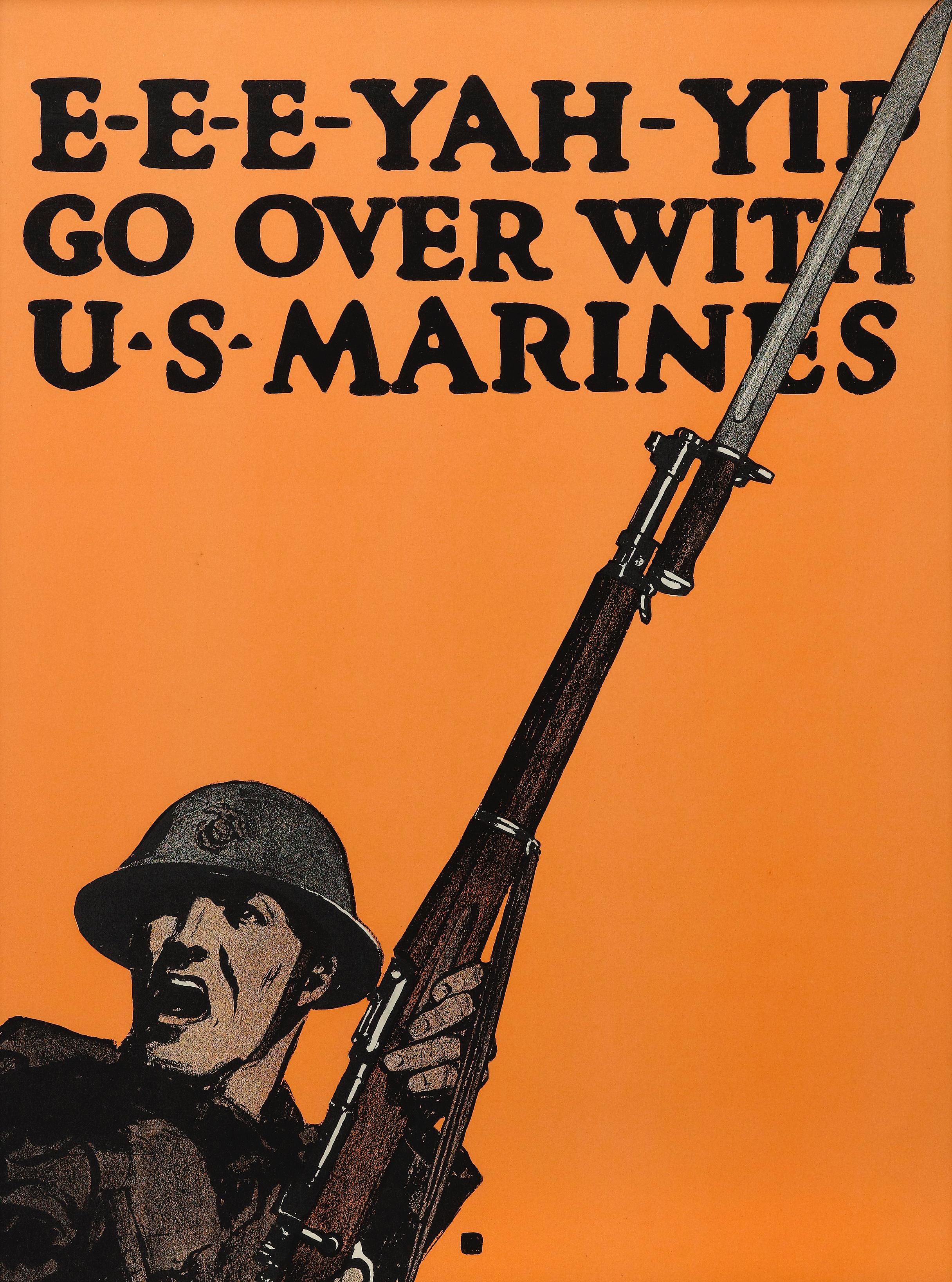This is a striking 1917 WWI U.S. Marines recruitment poster by the famed poster artist Charles Buckles Falls. The poster depicts a Marine leading a charge, cheering as he raises his fixed bayonet rifle over his head. The poster has a bold orange