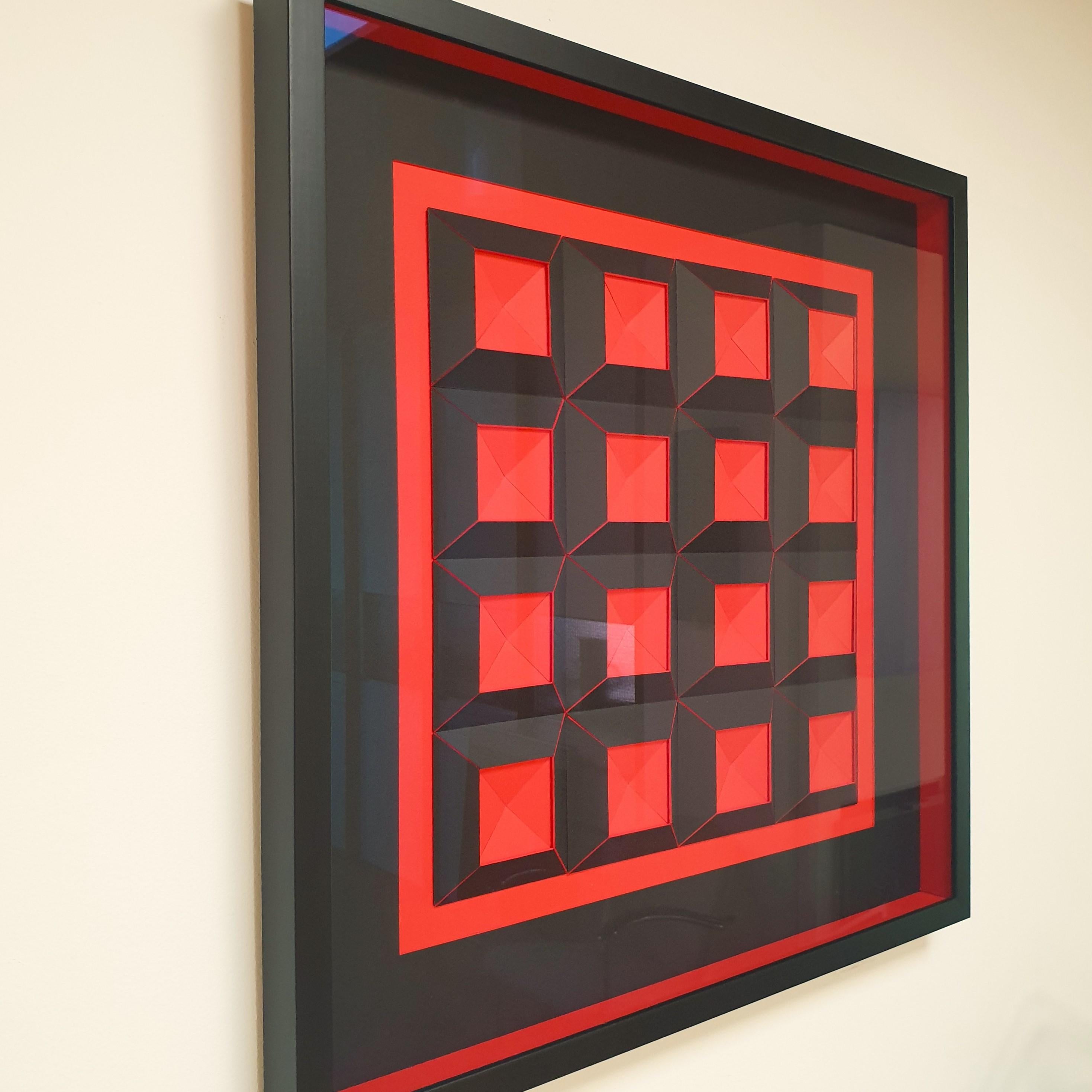 16 red/black quadrants RZ - contemporary modern abstract painting relief - Black Abstract Sculpture by Eef de Graaf