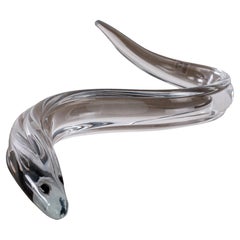 Eel Sculpture in Crystal Murano glass with Black decorations, Italy in stock