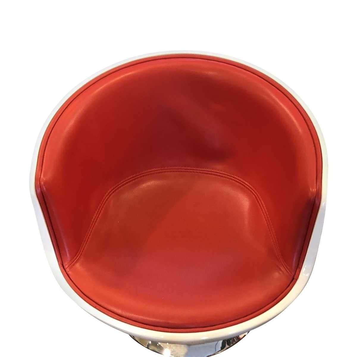 Eero Aarnio Contemporary Red Leather, Cognac and Chrome Swivel Chairs In Good Condition In Pasadena, CA