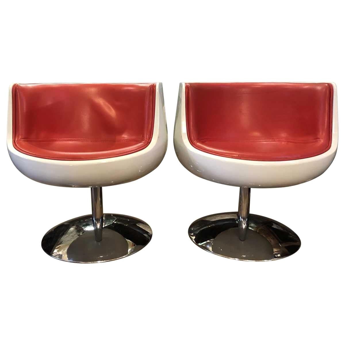 Eero Aarnio Contemporary Red Leather, Cognac and Chrome Swivel Chairs