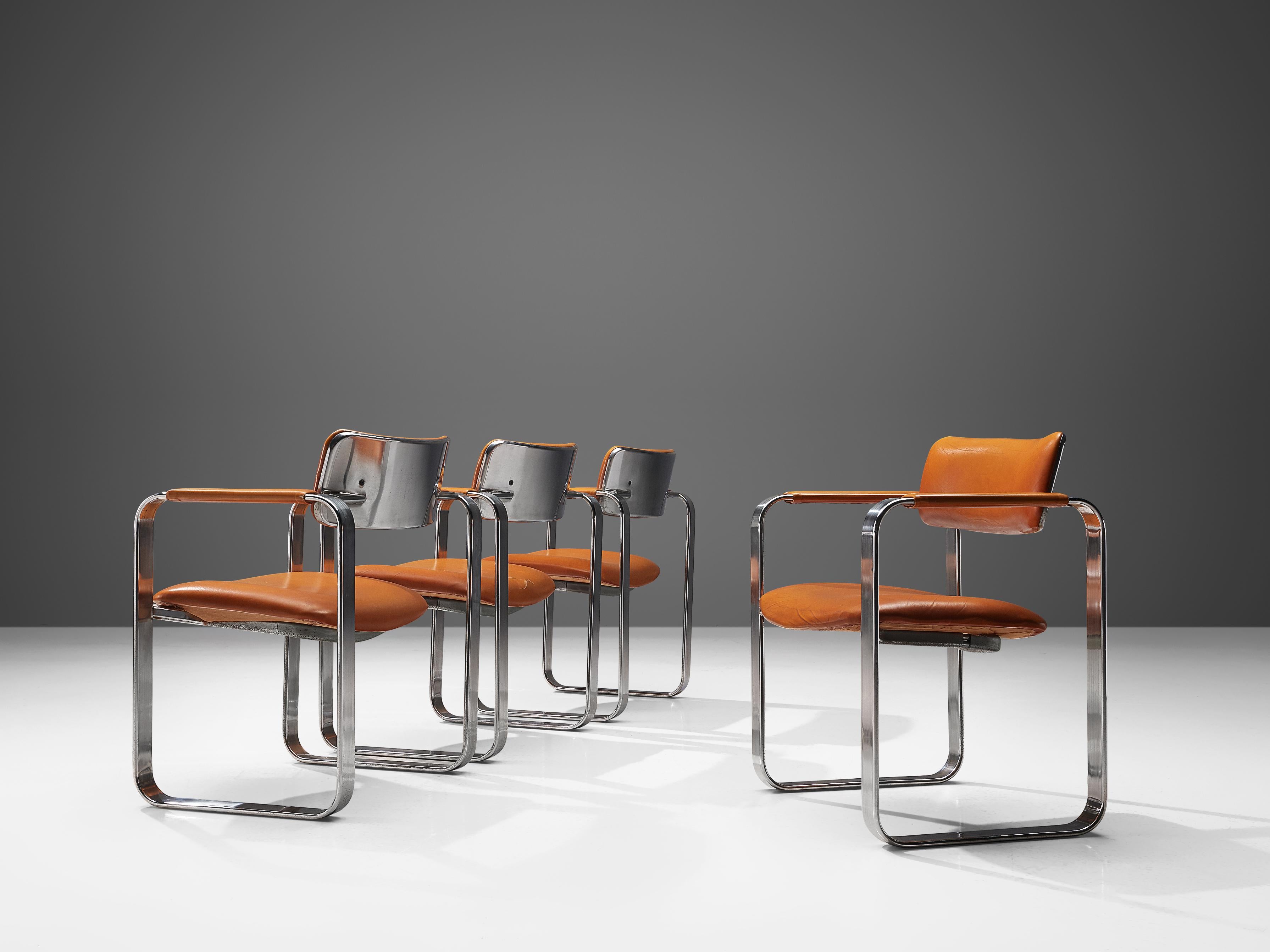 Finnish Eero Aarnio Set of Four Armchairs in Cognac Leather and Polished Aluminium