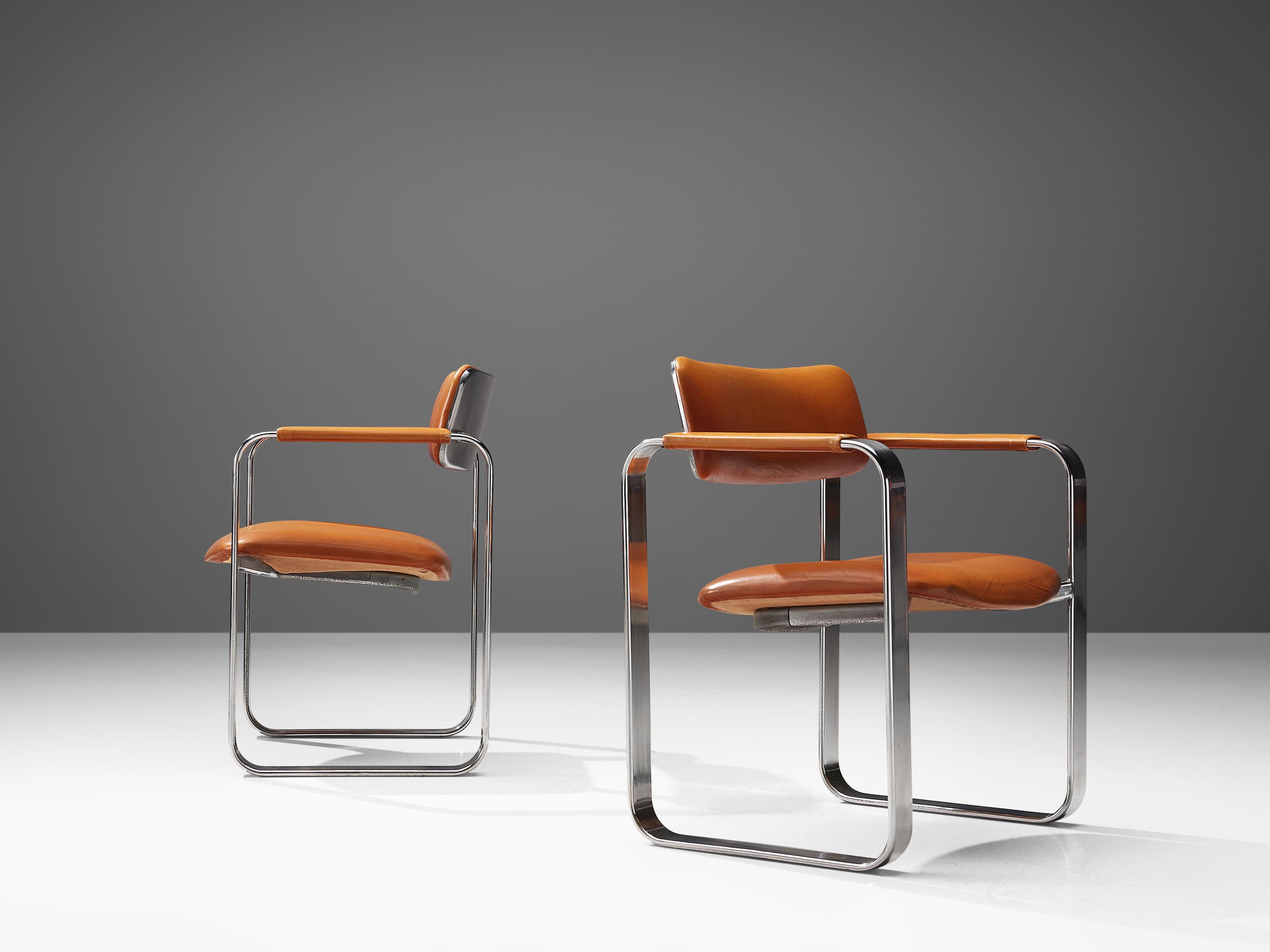 Mid-20th Century Eero Aarnio Set of Four Armchairs in Cognac Leather and Polished Aluminium