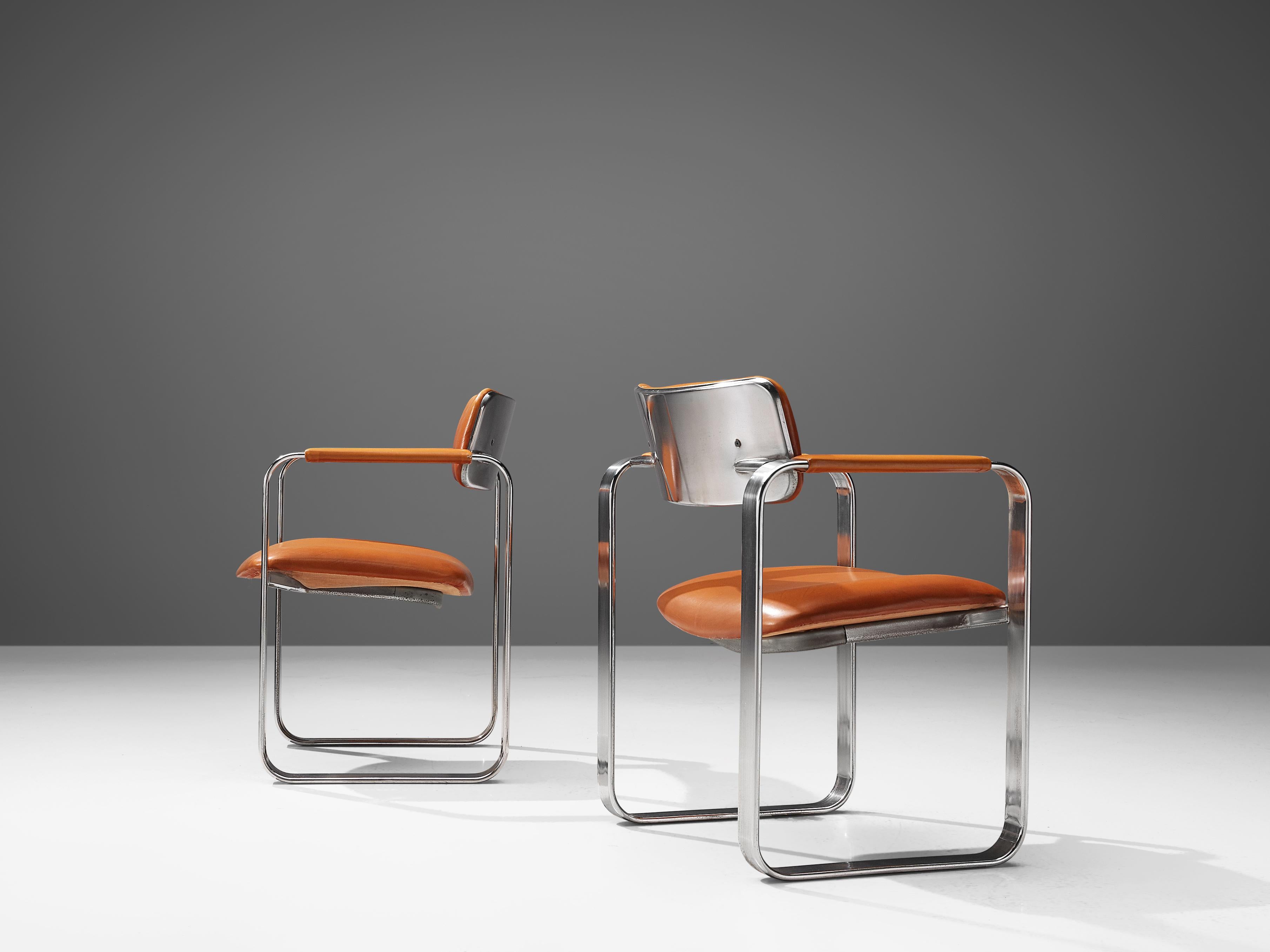 Eero Aarnio Set of Four Armchairs in Cognac Leather and Polished Aluminium 1