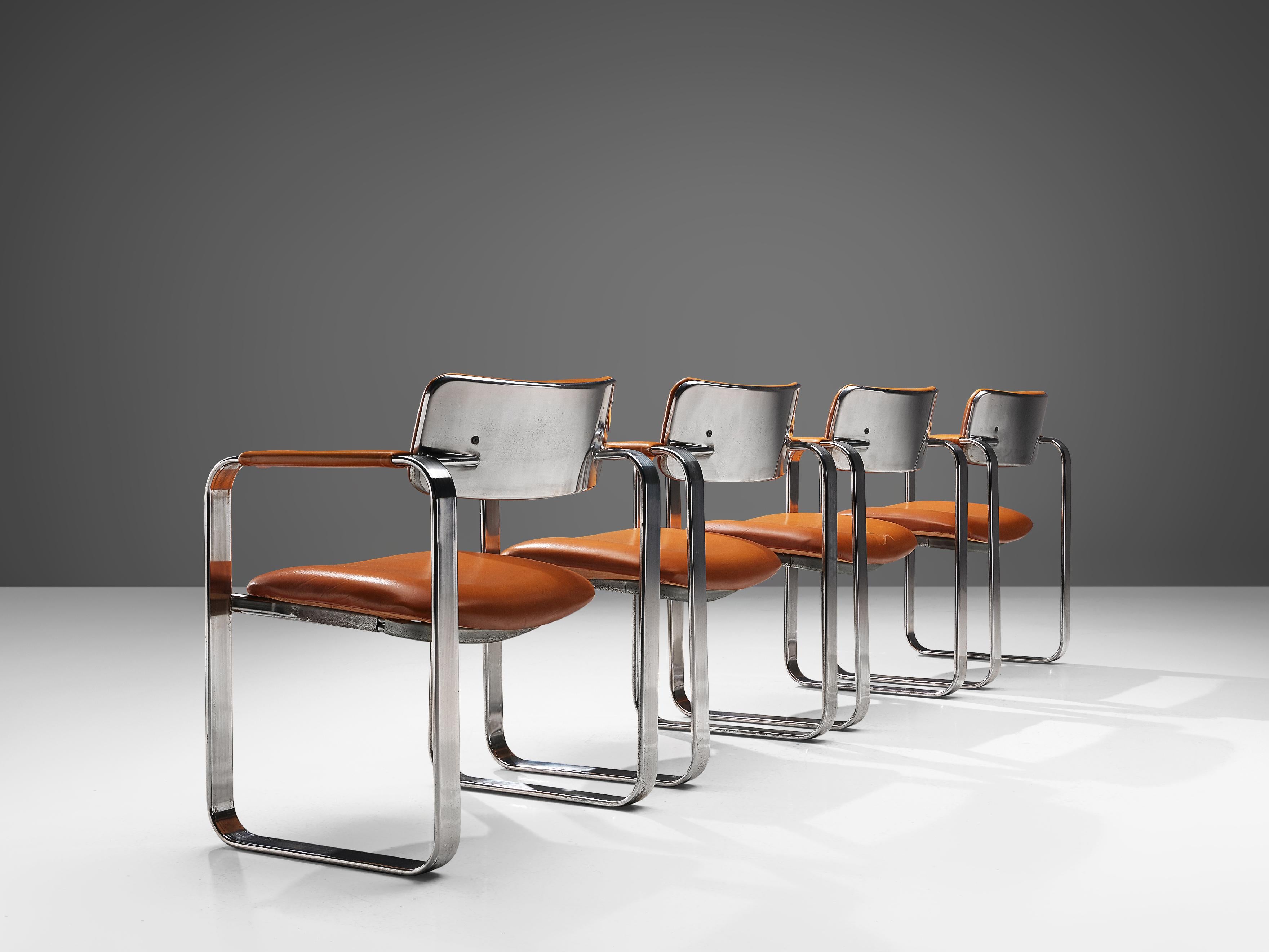Eero Aarnio Set of Four Armchairs in Cognac Leather and Polished Aluminium 2