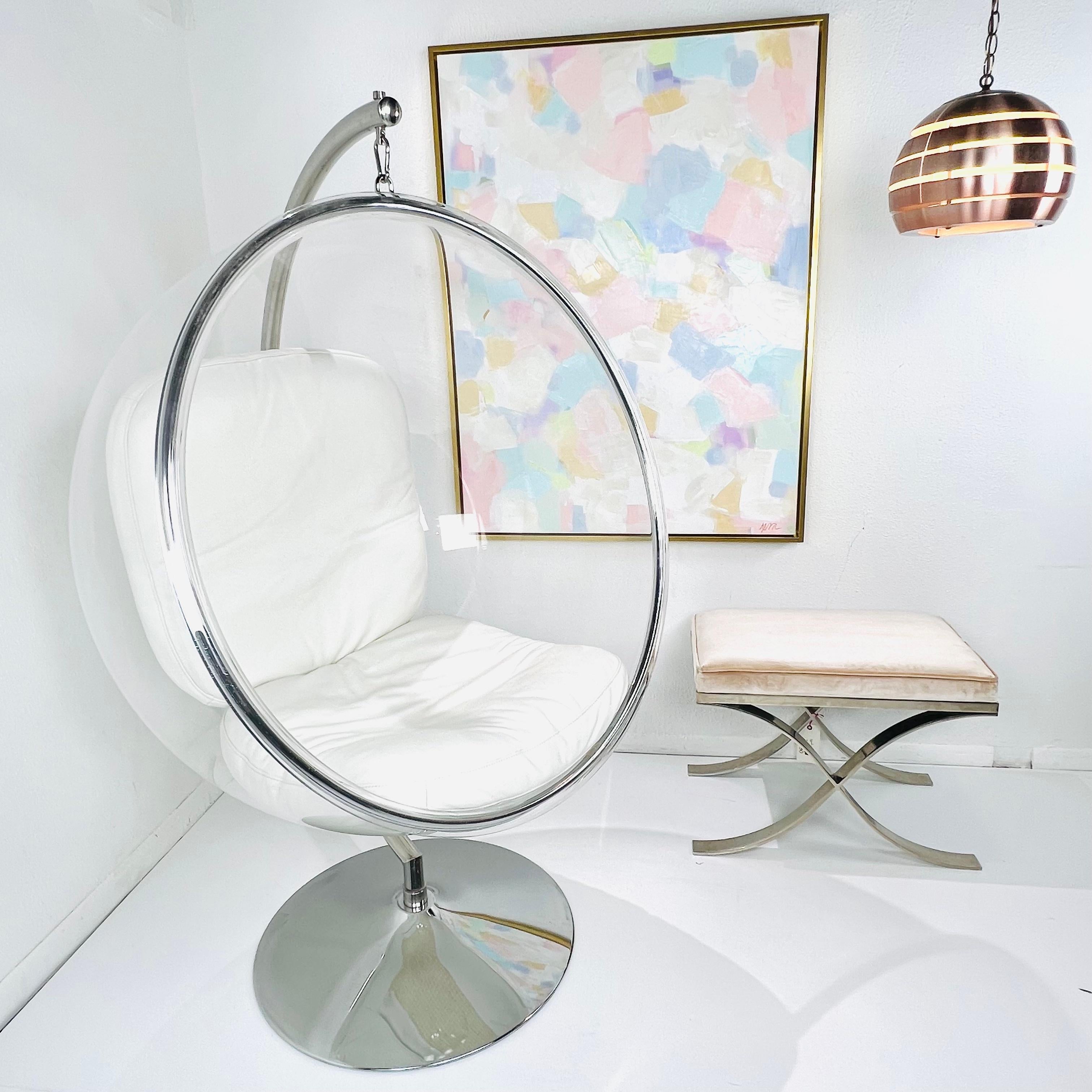 Eero Aarnio designed the original Bubble chair in 1968 while residing in Finland. The industrial modernist design of the chair provides for a seating experience that is simultaneously encapsulating and transparent at the same time. The floating