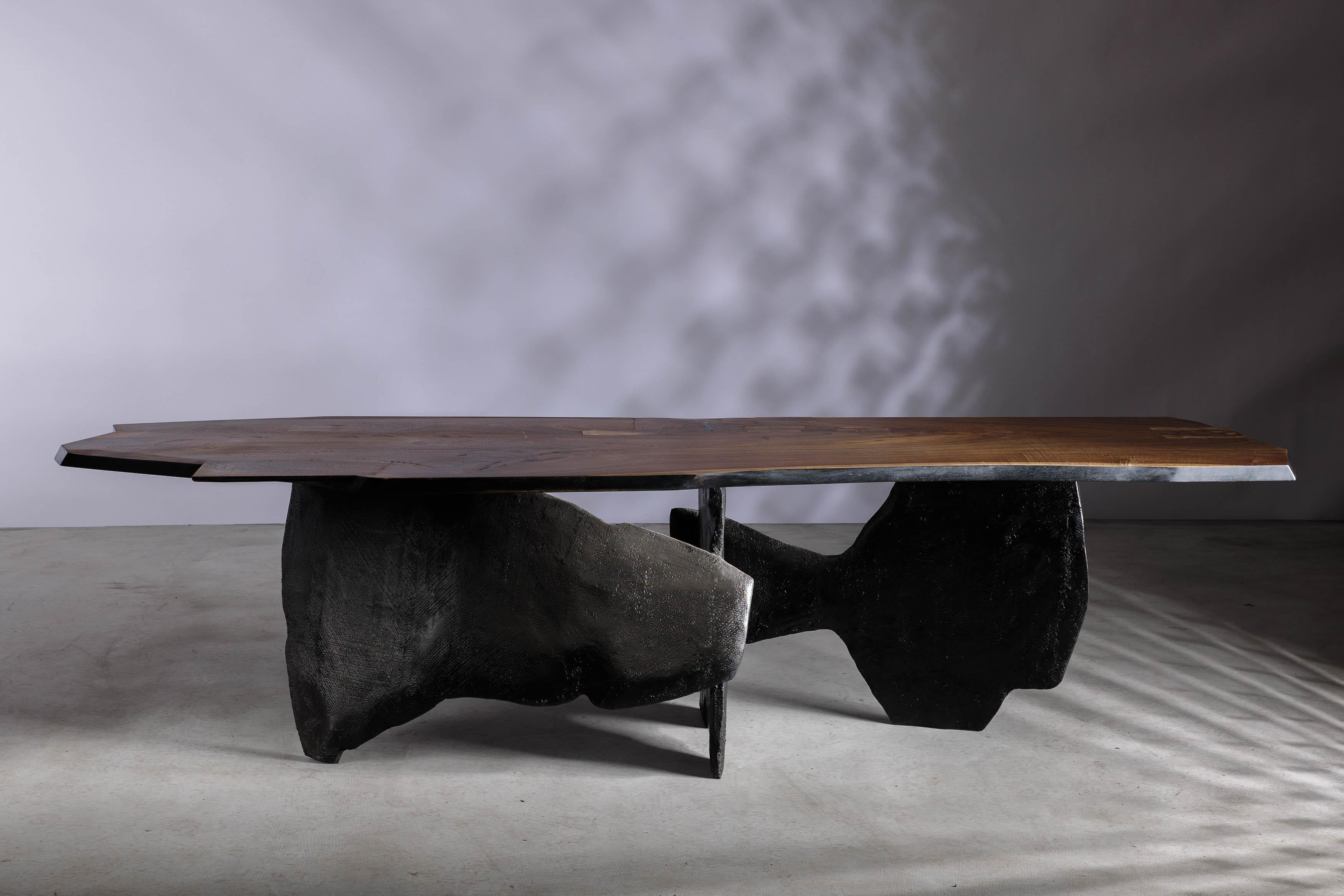 Acrylic Modern Brutalist Walnut Sculptural Dining Table, EM204 For Sale