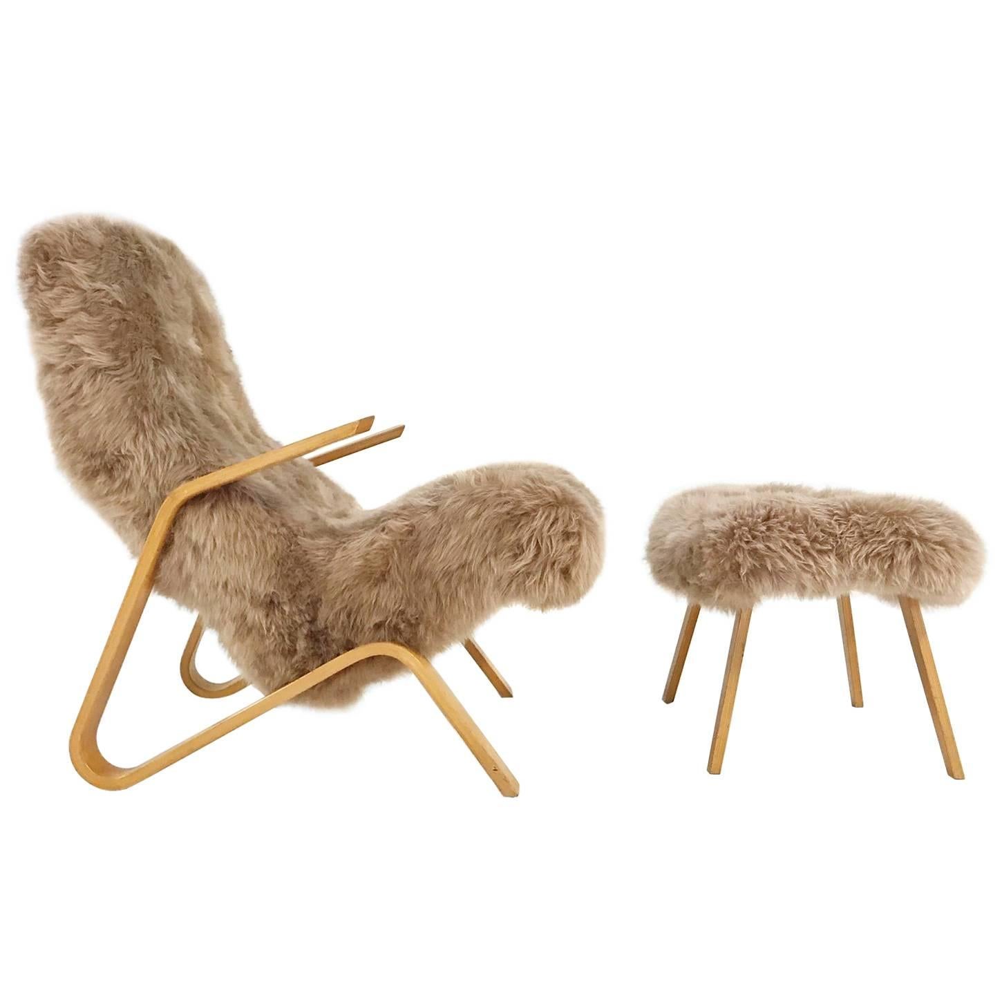 Eero Saarinen for Knoll Grasshopper Chair and Ottoman Restored in Sheepskin