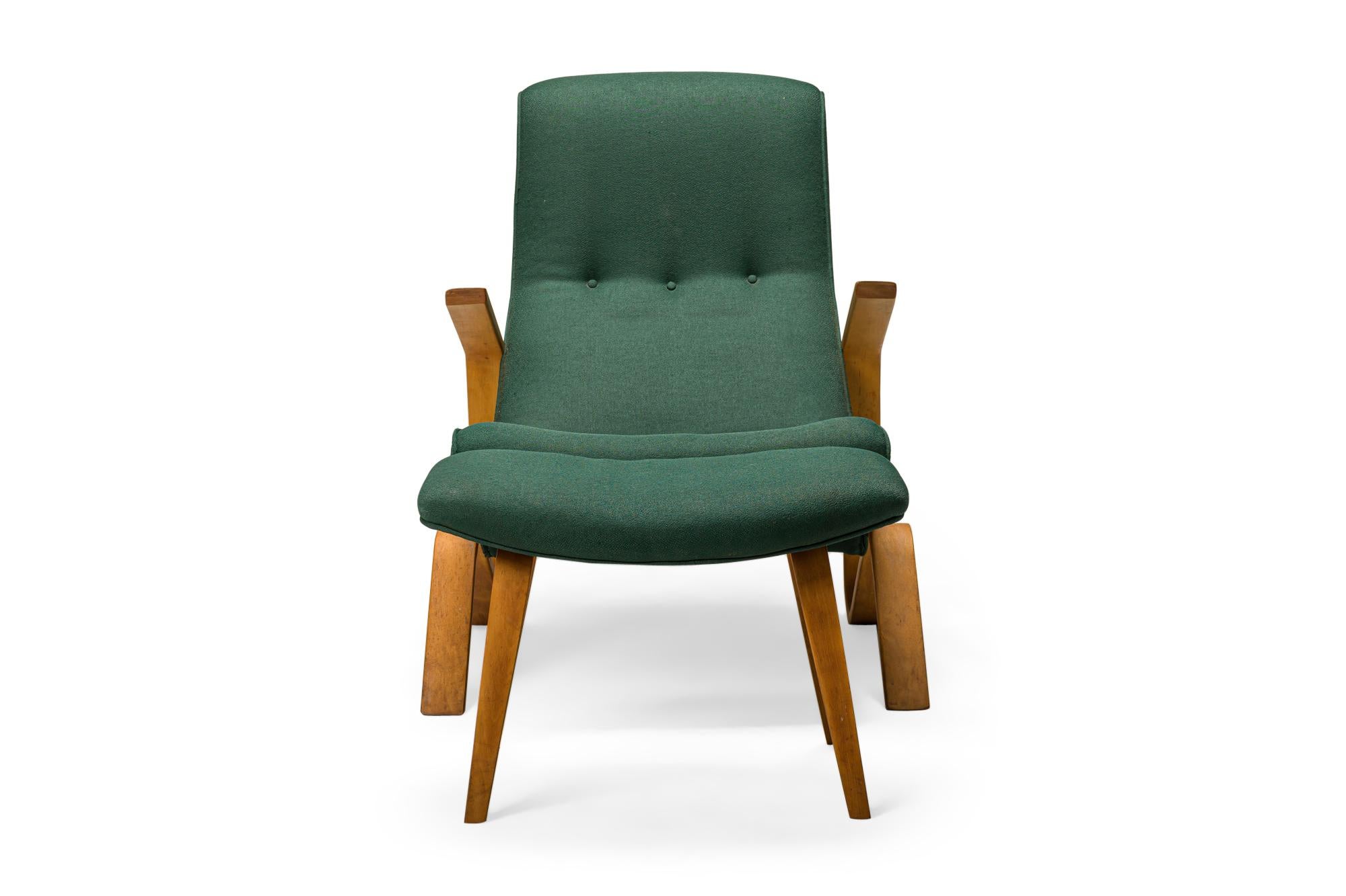 Mid-Century 'Grasshopper' armchair and matching footstool with dark green button tufted fabric upholstery and curved birch wood frames and legs. (EERO SAARINEN FOR KNOLL)(PRICED AS SET)
