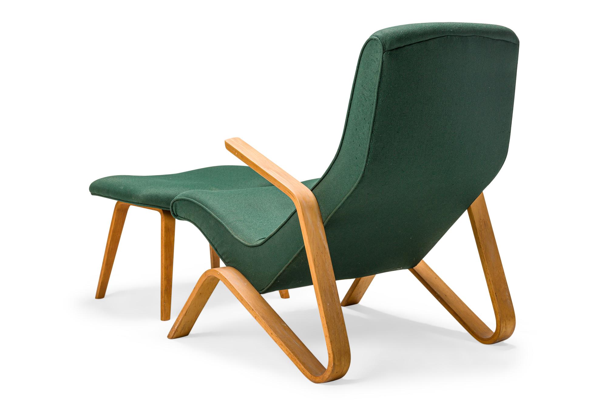 American Eero Saarinen for Knoll Green Fabric Upholstered Grasshopper Chair and Footstool For Sale