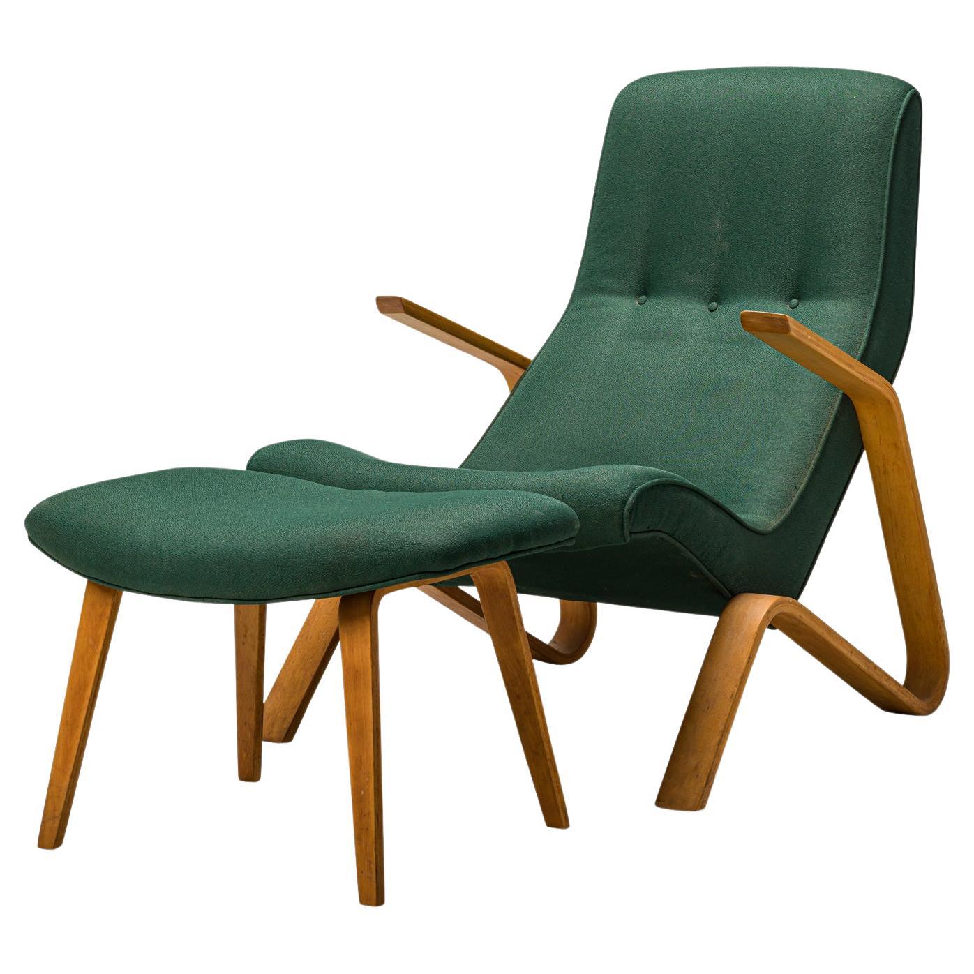 Eero Saarinen for Knoll Green Fabric Upholstered Grasshopper Chair and Footstool