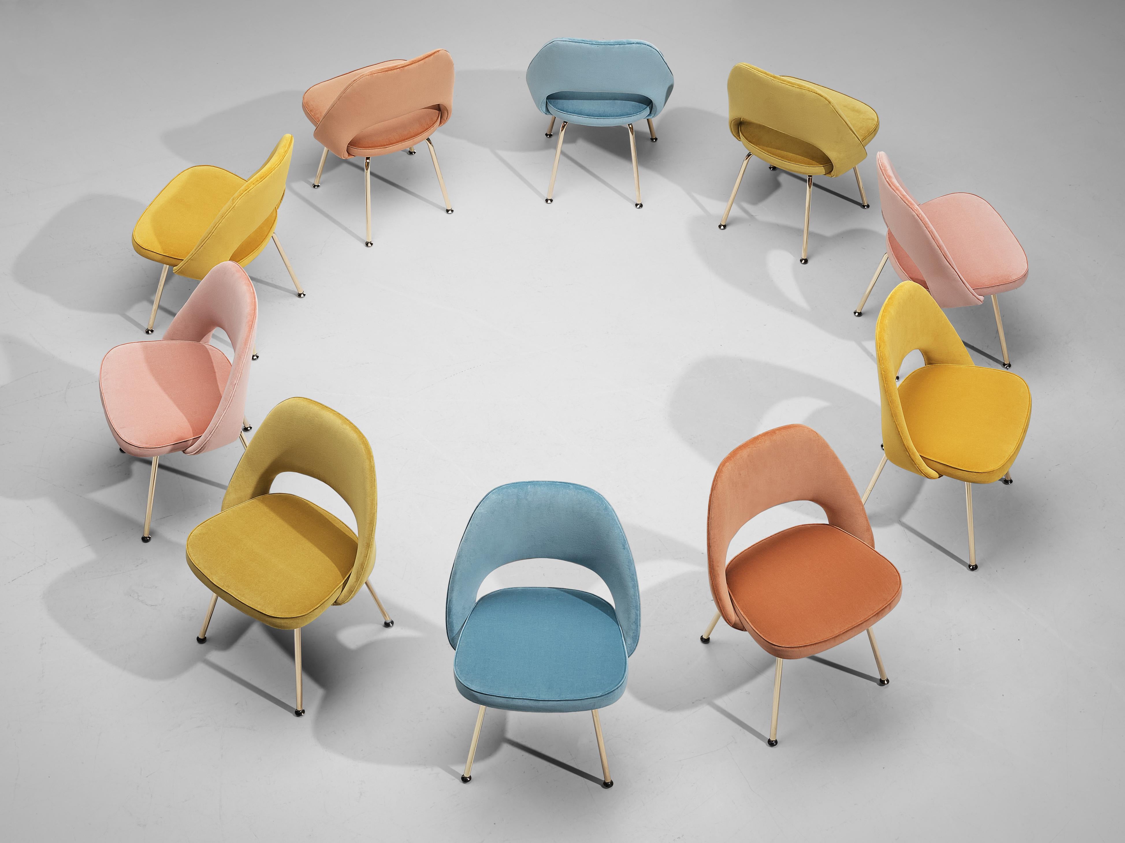 Eero Saarinen for Knoll, set of ten dining chairs, model 72, brass coated steel, velvet upholstery, United States, design 1948

Set of organic shaped chairs designed by Eero Saarinen. This iconic model is reupholstered in different shades of pastel