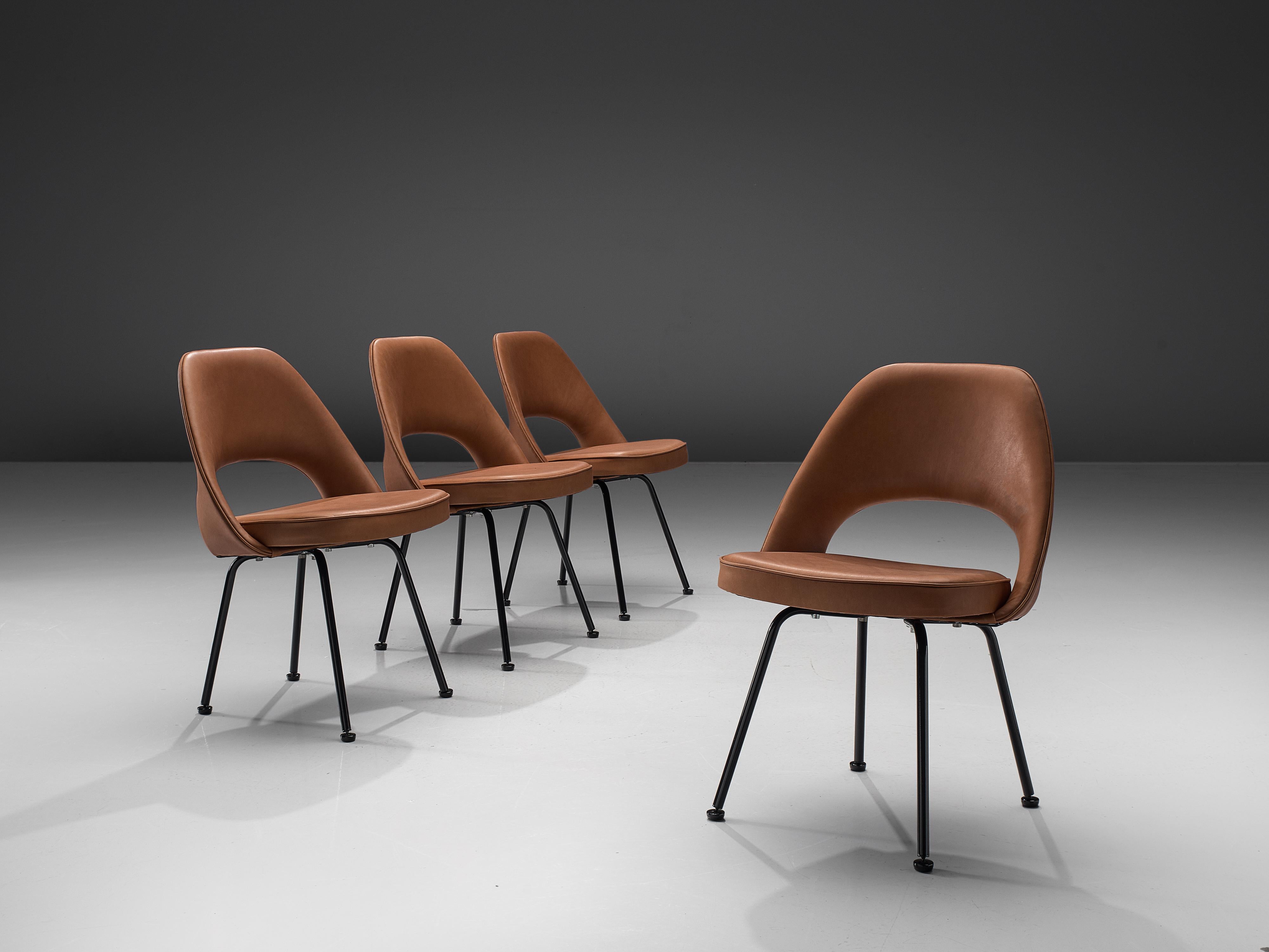 Eero Saarinen for Knoll International, reupholstered chairs model 72, metal, brown leather, United States, designed 1948

Organic shaped chairs designed by Eero Saarinen. This iconic model is reupholstered in brown leather that combines beautifully