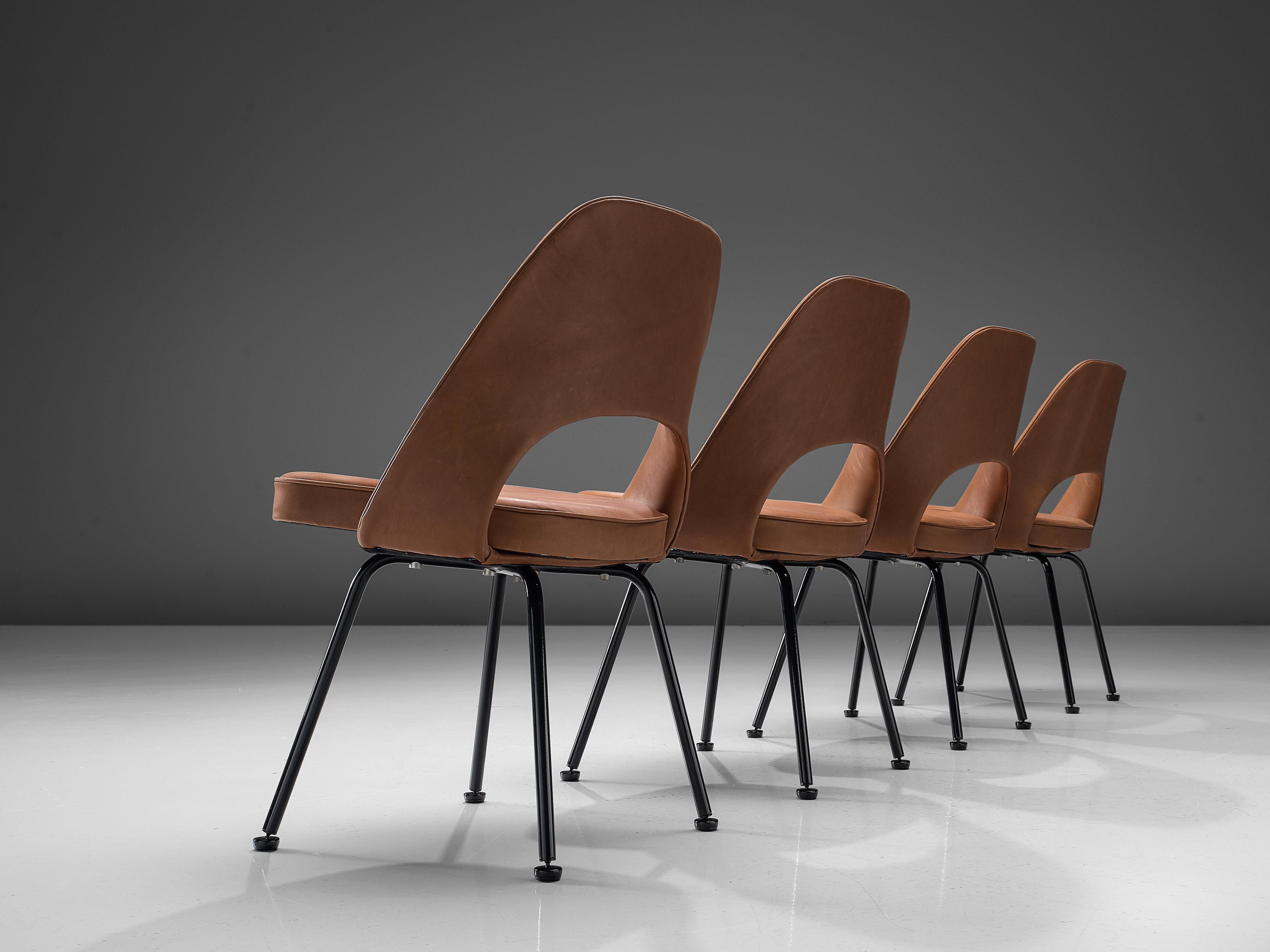 American Eero Saarinen for Knoll International Dining Chairs in Brown Leather