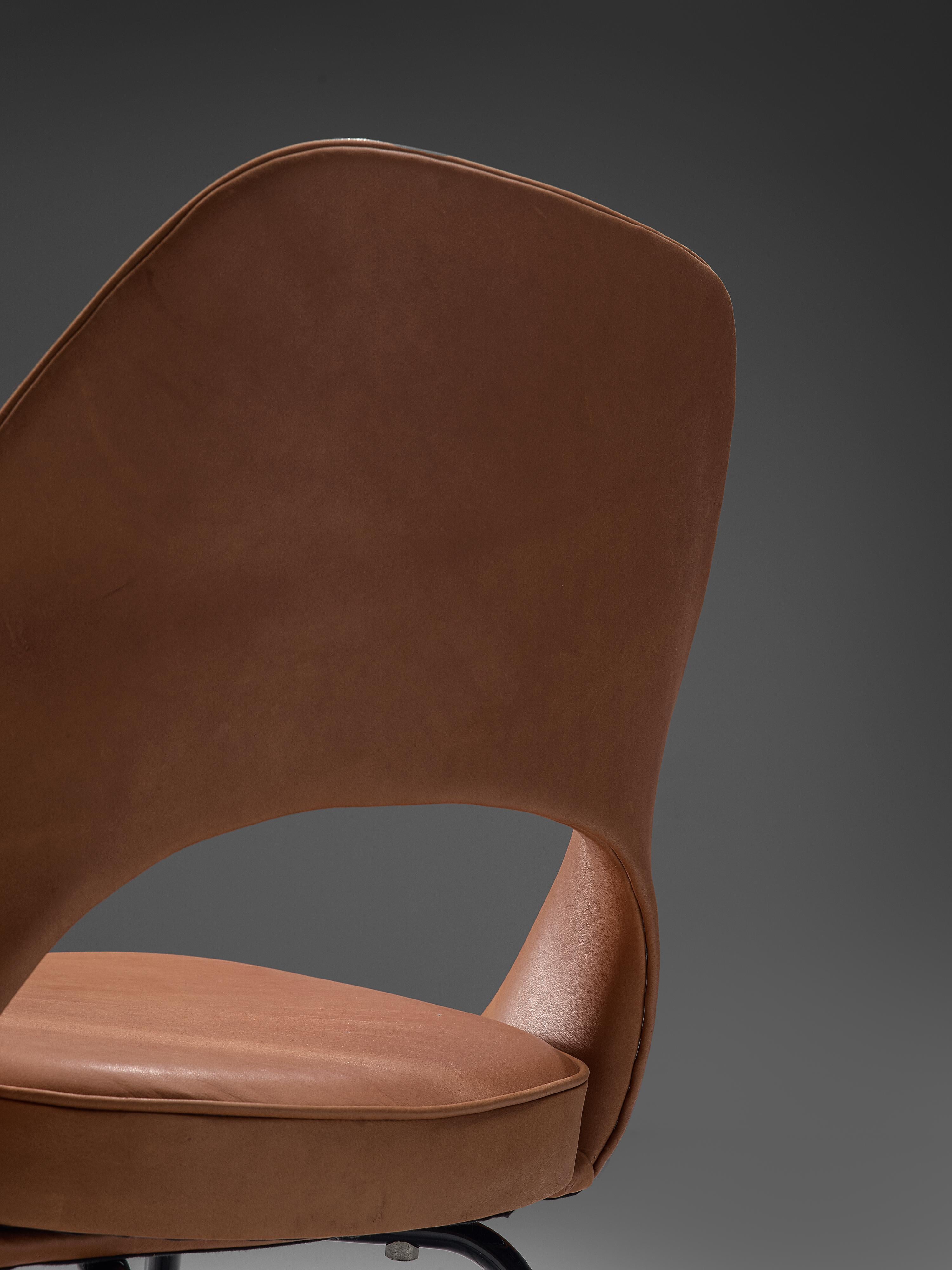 Steel Eero Saarinen for Knoll International Dining Chairs in Brown Leather