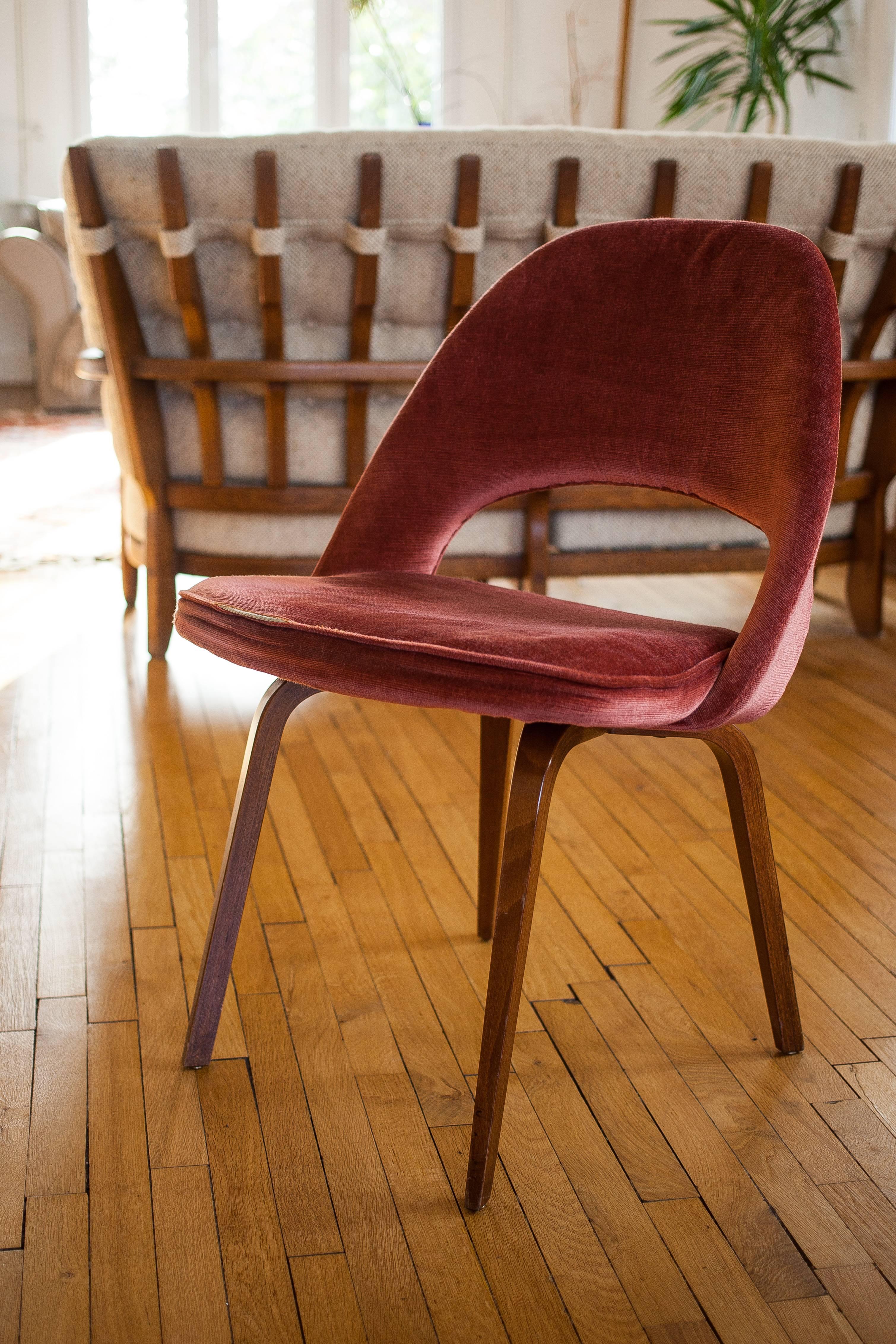 Walnut Eero Saarinen Style, Wood Legs and Velvet Upholstery For Sale