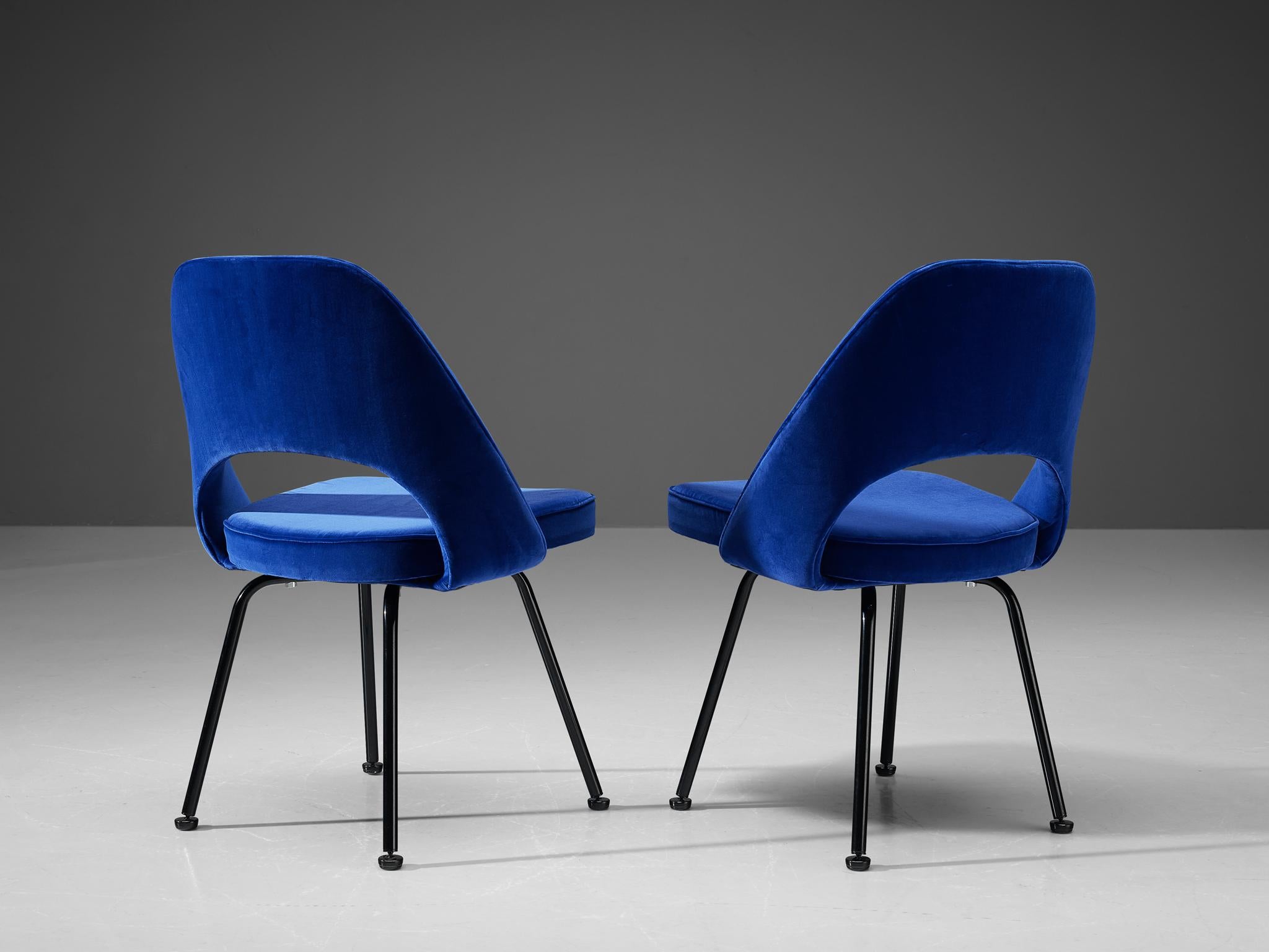 American Eero Saarinen for Knoll Pair of Dining Chairs in Lapis Lazuli Velvet Upholstery