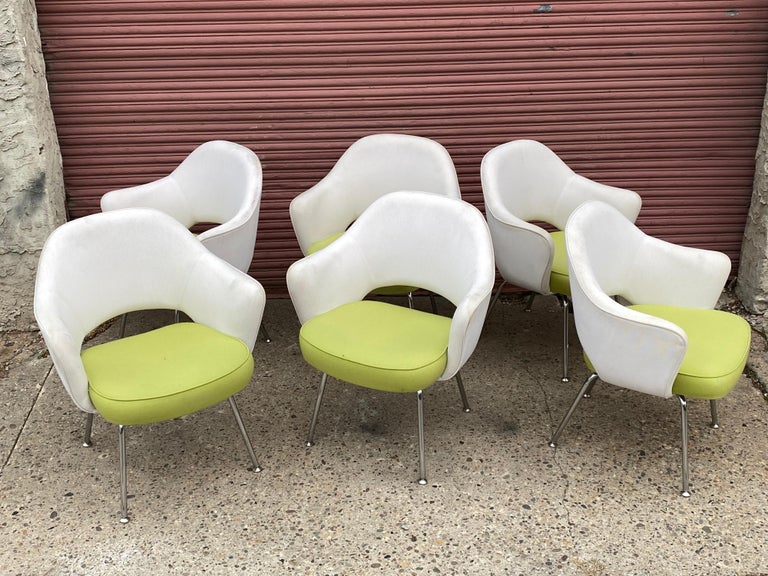 Eero Saarinen for Knoll Set of 6 armchairs. Chairs are dated 2009, but need to be reupholstered. Overall very solid and Chrome is good! Fabric shows wear and dirt. Ready for their redo just the way you want! We can offer Upholstery Services. Our