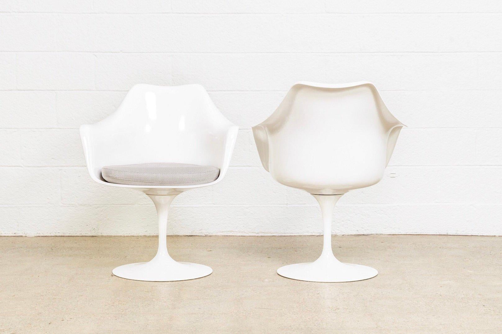 Late 20th Century Eero Saarinen for Knoll White Tulip Arm Chairs, Gray Knoll Cushions, Set of 4