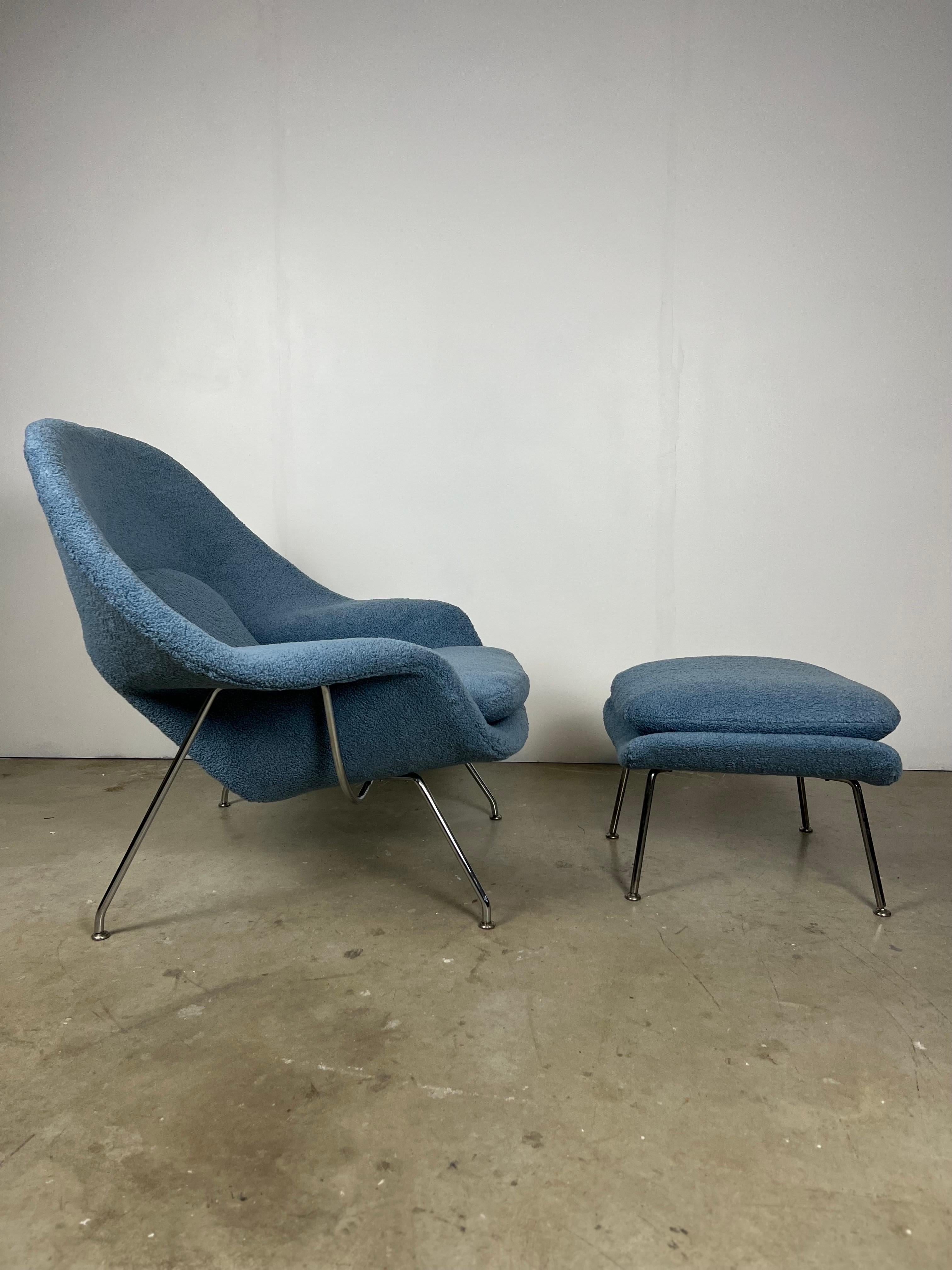 Eero Saarinen for Knoll Womb chair and ottoman. Reupholstered in “Puff” upholstery by artist Nick Cave and Manufactured by Knoll Textiles. Chair and ottoman both retain original tags. Minor wear to the underneath of the frame. 

Ottoman is 26 wide,