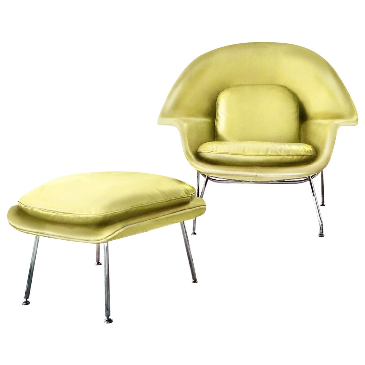 Eero Saarinen for Knoll Womb Chair and Ottoman, Leather, Chartreuse Green-Yellow