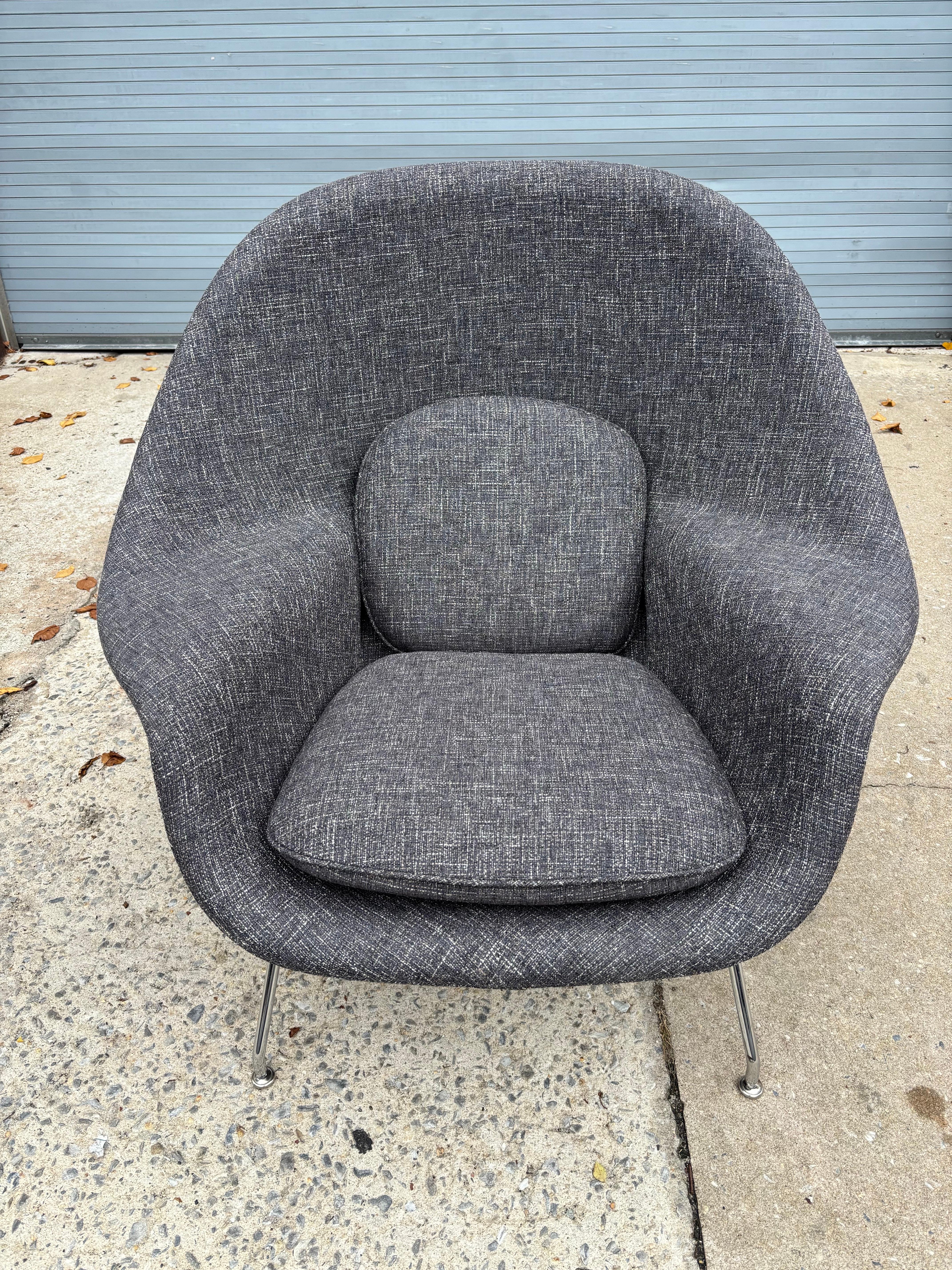 Eero Saarinen for Knoll womb Chair newly reupholstered in a Rivington Charcoal Fabric.  Chrome frame and Original label.  Truly one of the most comfortable chairs out there!
