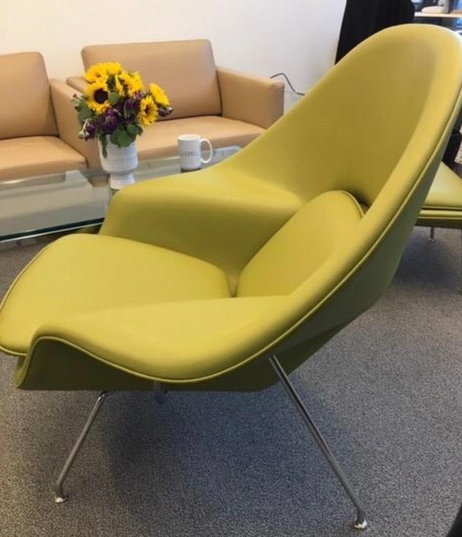 Eero Saarinen for Knoll custom womb chair and ottoman, leather, chartreuse green-yellow. Very rare to find this iconic design in anything but wool boucle and more traditional colors, MSRP for custom chair and ottoman set is over 9,000 USD with many