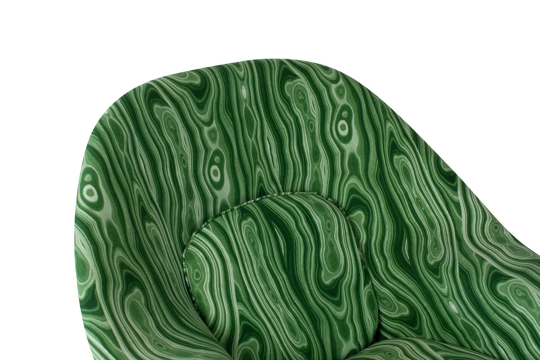 Womb chair and otttoman by Eero Saarinen for Knoll circa early 1970s. This example was upholstered recently in a fabulous malachite textile. Price listed is for the chair and ottoman. Ottoman measures: 22