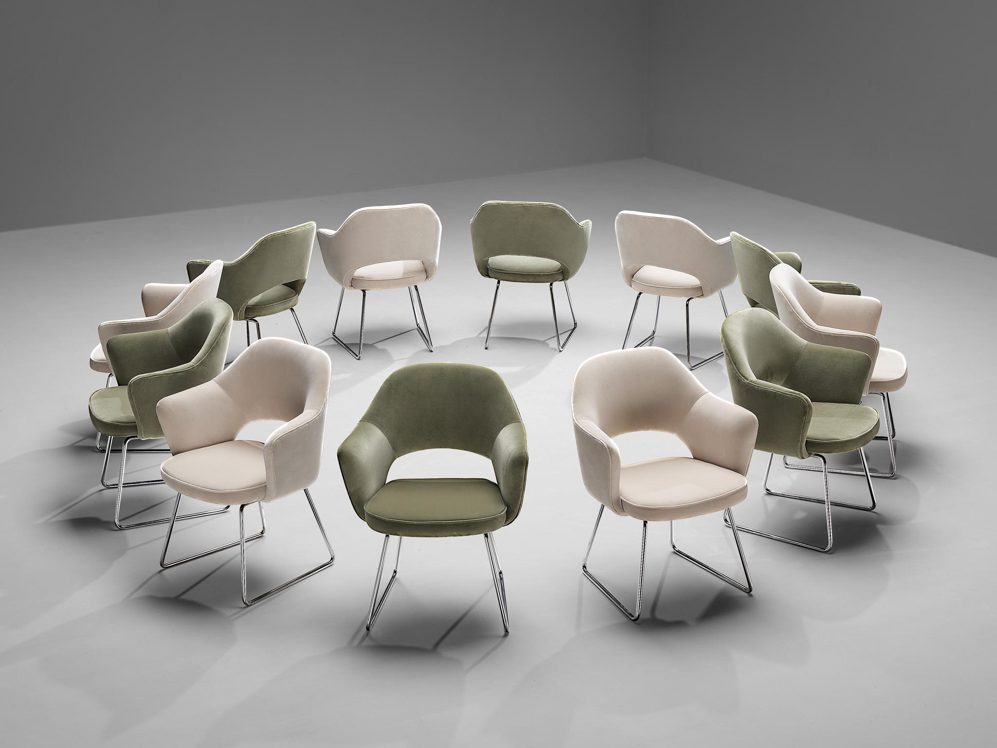 Eero Saarinen for Knoll International, limited edition ‘Conference’ armchairs, velvet, coated metal, France, Paris, designed in 1957

This set of armchairs was commissioned by the UNESCO Headquarters located in Paris. This iconic building was