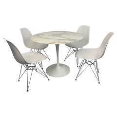 Eero Saarinen Marble Top Tulip Table and Four White Eames Eiffel Tour Base Chair