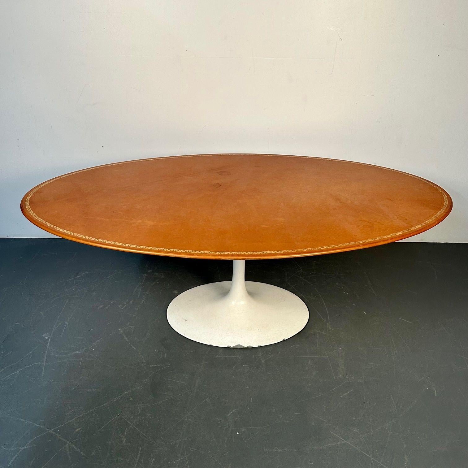 Aluminum Eero Saarinen Mid-Century Modern Tulip Dining Table, Leather Top, Miles Redd