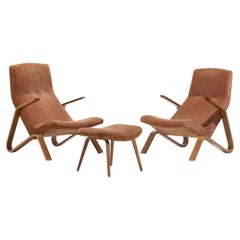 Eero Saarinen Pair of Grasshopper Chairs and Ottoman Vintage Wood & Upholstery