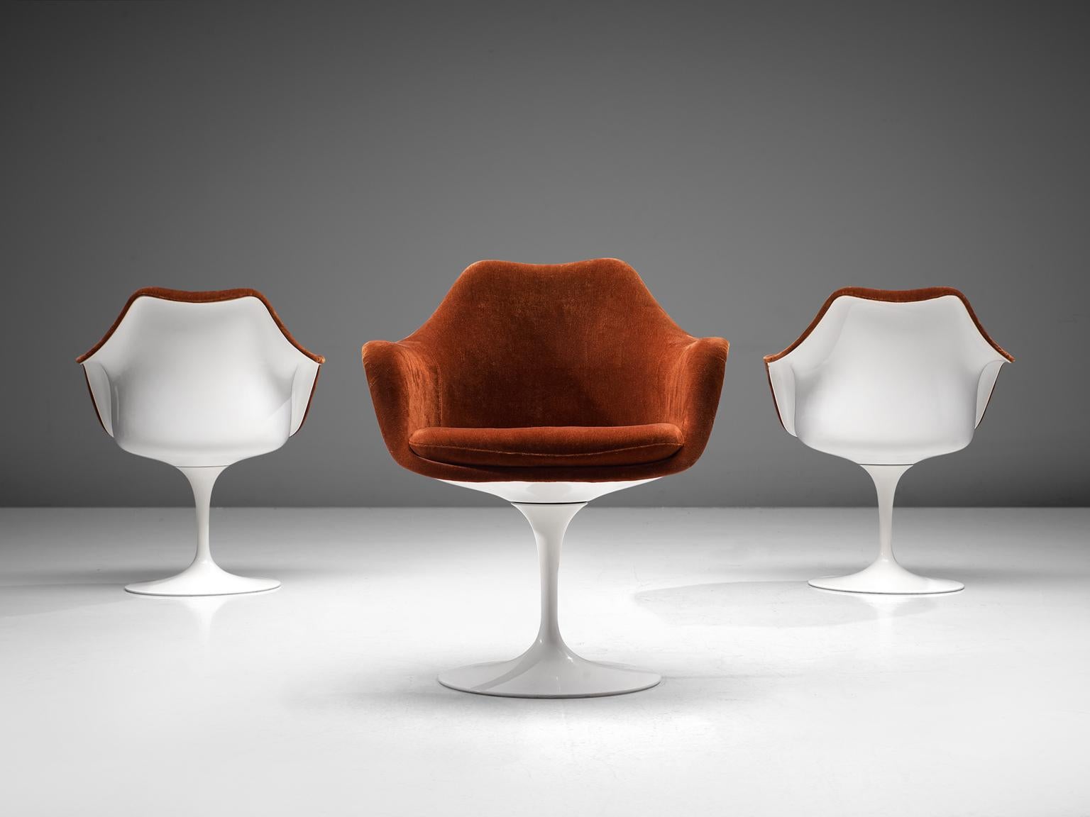 American Eero Saarinen Set of Six 'Tulip' Dining Chairs in Terracotta Velvet
