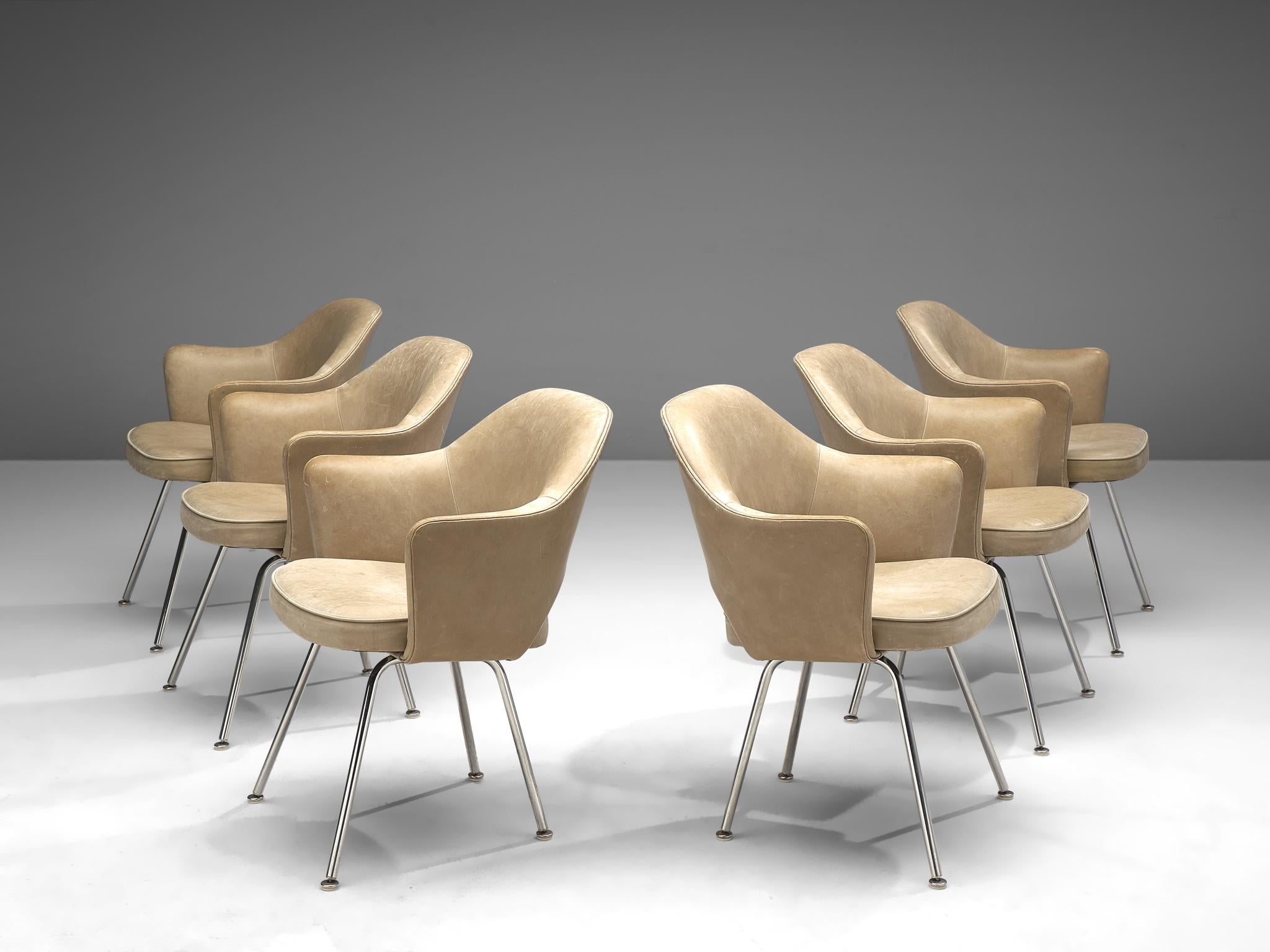 Mid-Century Modern Eero Saarinen Six Armchairs in Light Beige Leather